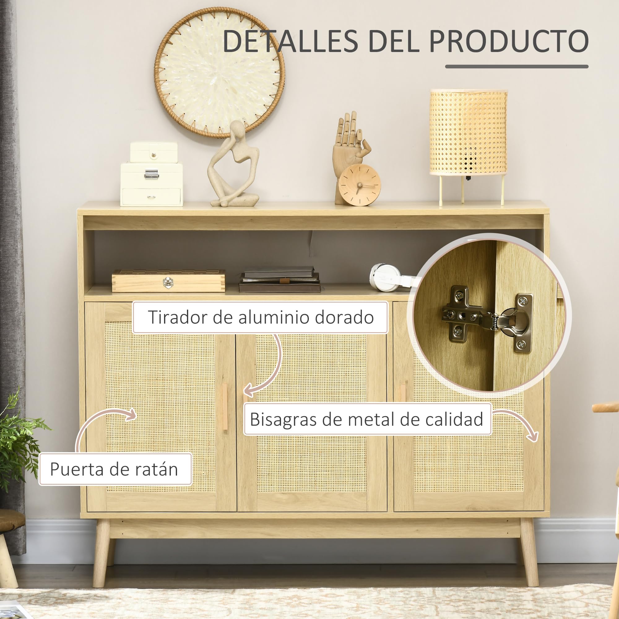 HOMCOM Aparador de Cocina con 3 Puertas de Ratán 120x40x97 cm Natural | Estilo Boho, Mueble Buffet Auxiliar, Estantes Ajustables, Patas de Madera, para Salón Comedor