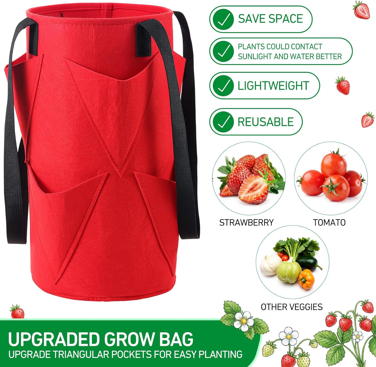 SATINIOR 10 Pack Upside Down Strawberry Planter Set Hanging Vegetables Grow Bags with 10 S Hooks, 3 Gallon Fabric Planting Bags for Easy Vertical Gardening(Red)