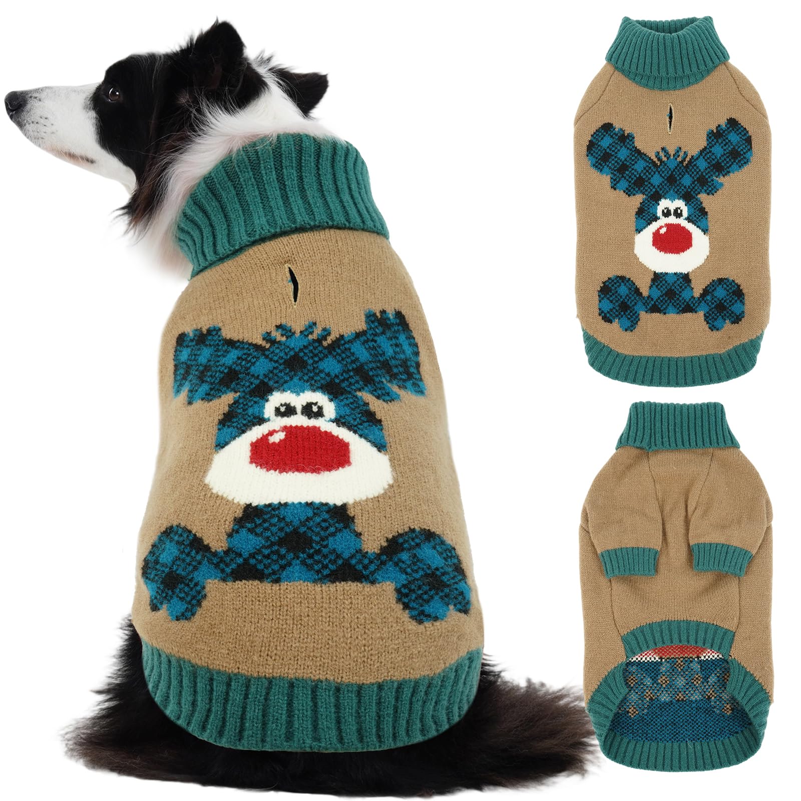 Christmas Dog Jumper – Festive Reindeer & Tartan Knit | Thick & Warm with Leash Hole | High Neck | Ideal for Cocker Spaniel, Beagle, Shiba Inu, Staffordshire Bull Terrier (Light Brown XL)