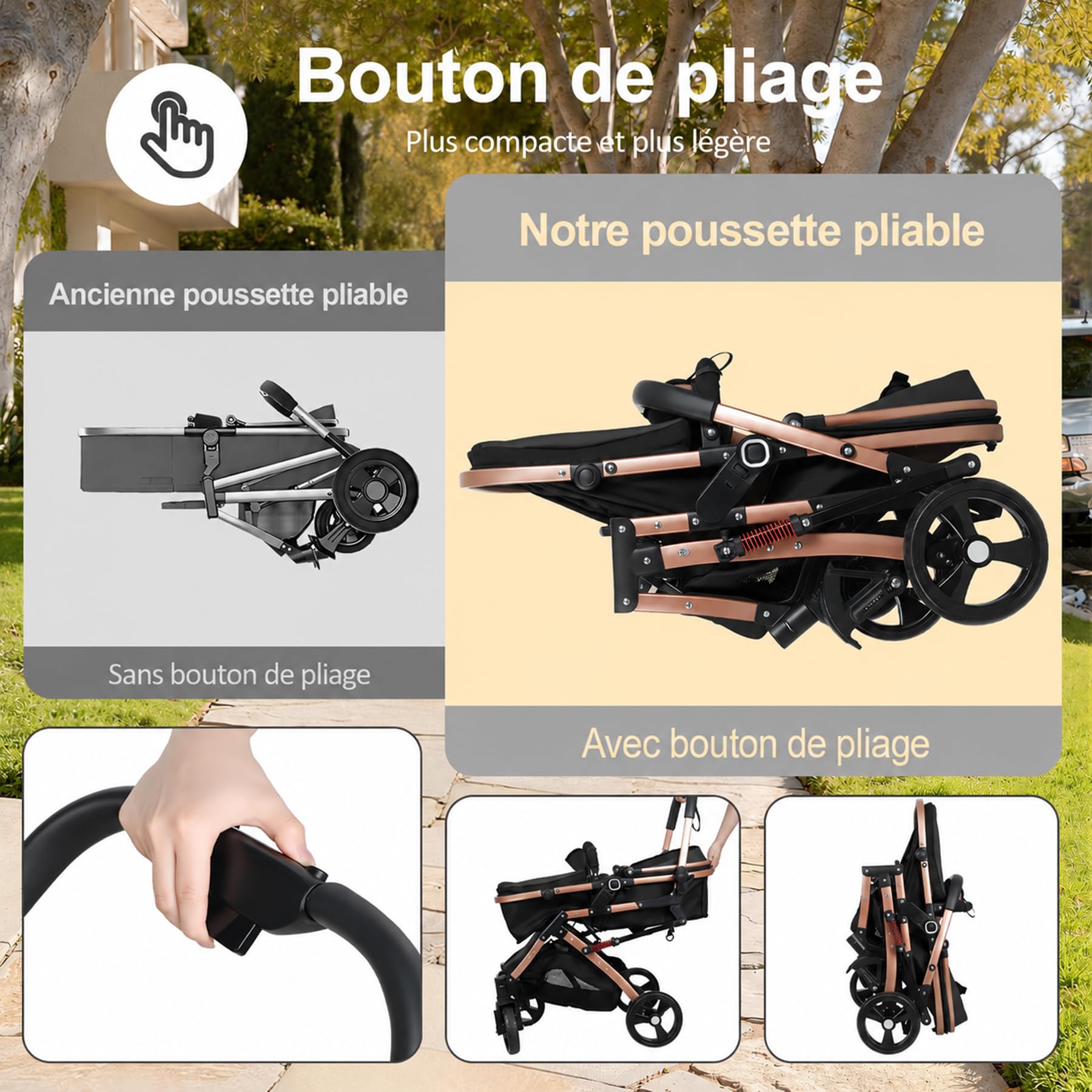 Poussette Bébé 2 en 1 Convertible, Naissance avec Mode Nacelle, Siège Réversible, Capote UPF Anti-UV, Suspension Antichoc, Harnais 5 Points, Voyage Pliable, Nouveau-né à Tout-Petit