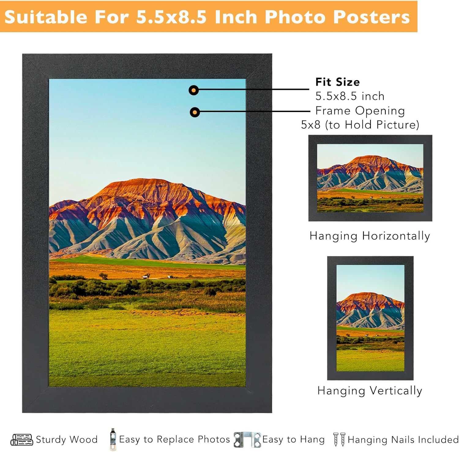 QOTIB 5.5x8.5 Picture Frame Black for Wall Mounting or Tabletop Set of 3, Wood 5.5 x 8.5 Frame Photo Frame for Wall Hanging Horizontally or Vertically, Black, 3 Pack 3 5.5x8.5