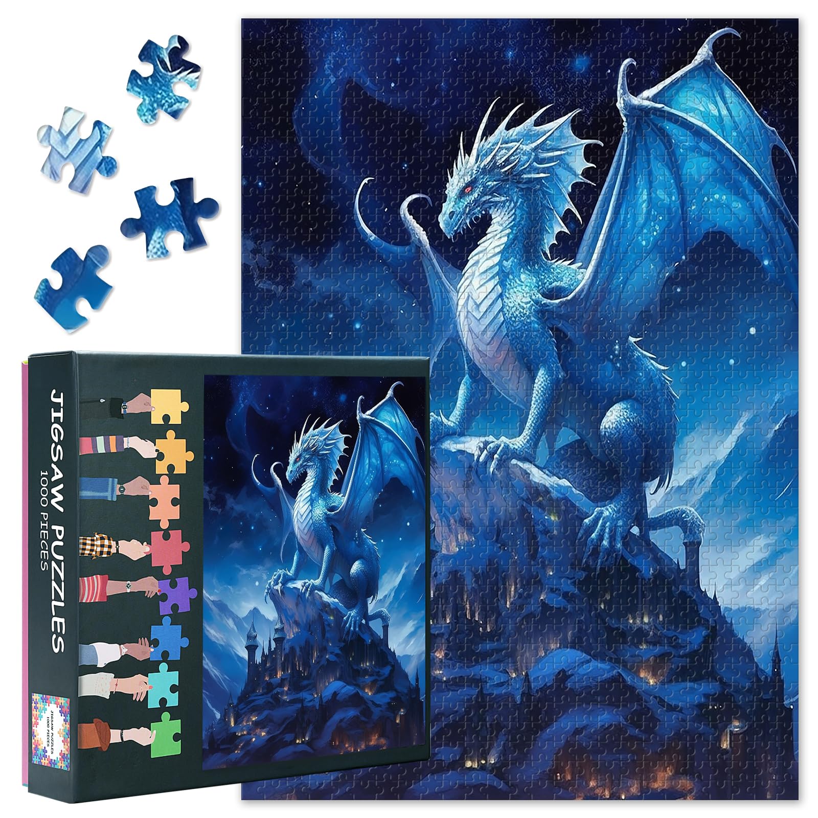 Challenging Jigsaw Puzzles Mother Dragon with a Bluish Color 1000 Pieces Blue Dragon Puzzles for Adults Home Decoration Funny Jigsaw Puzzle Gifts for Family Friends Party Nights 27.5"X19.7"