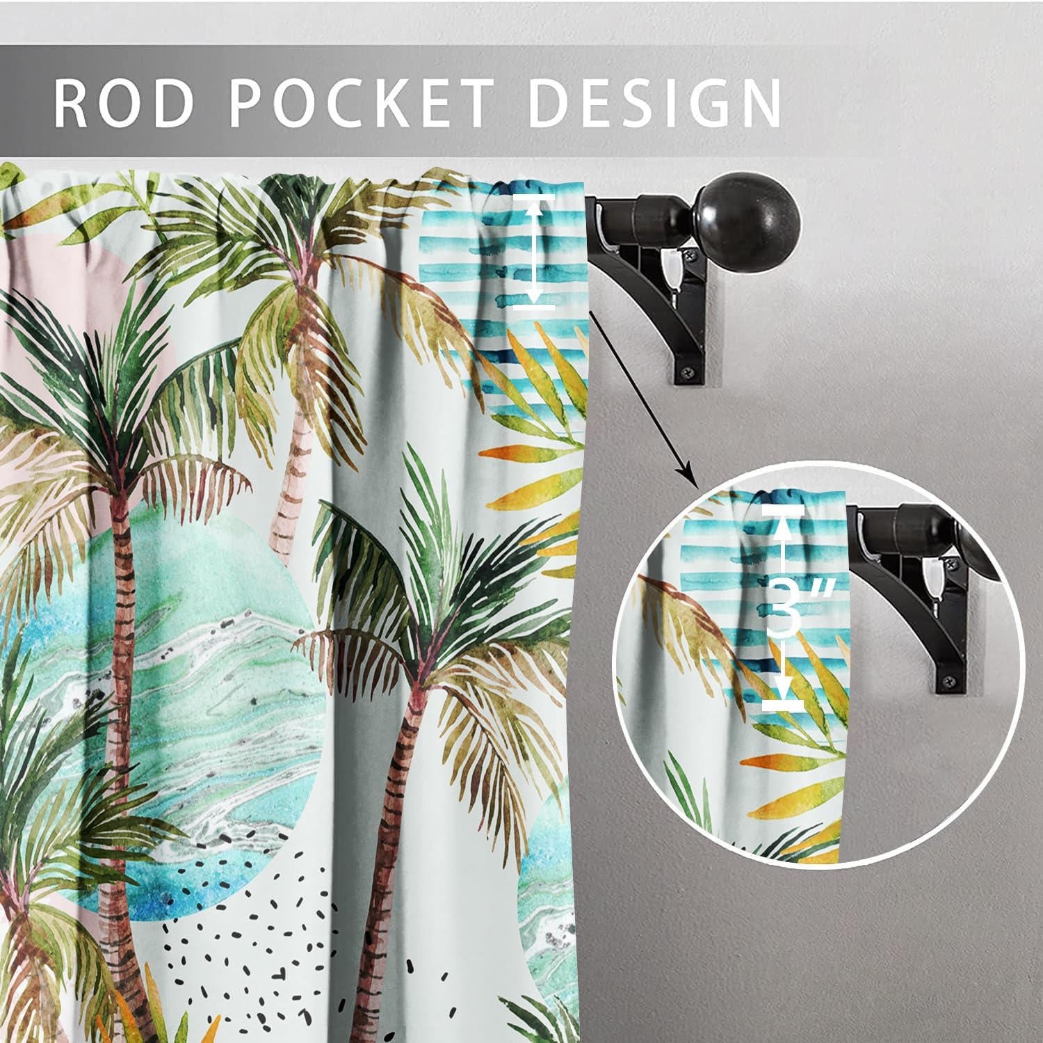 SongYi Tropical Short Curtains for Windows, Blackout Thermal Small Window Curtains for Kitchen Cafe Bedroom Bathroom, Summer Watercolor Palm Tree Print Rod Pocket Curtains 2 Panel Set, 30""x45""