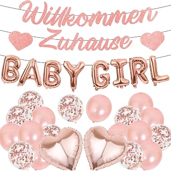 Welcome Home Baby Decoration Girls - Pack of 29 Rose Gold Baby Girl Banner Garland Bunting Balloons Foil Balloon for Welcome Home Shower Baby Shower Decoration