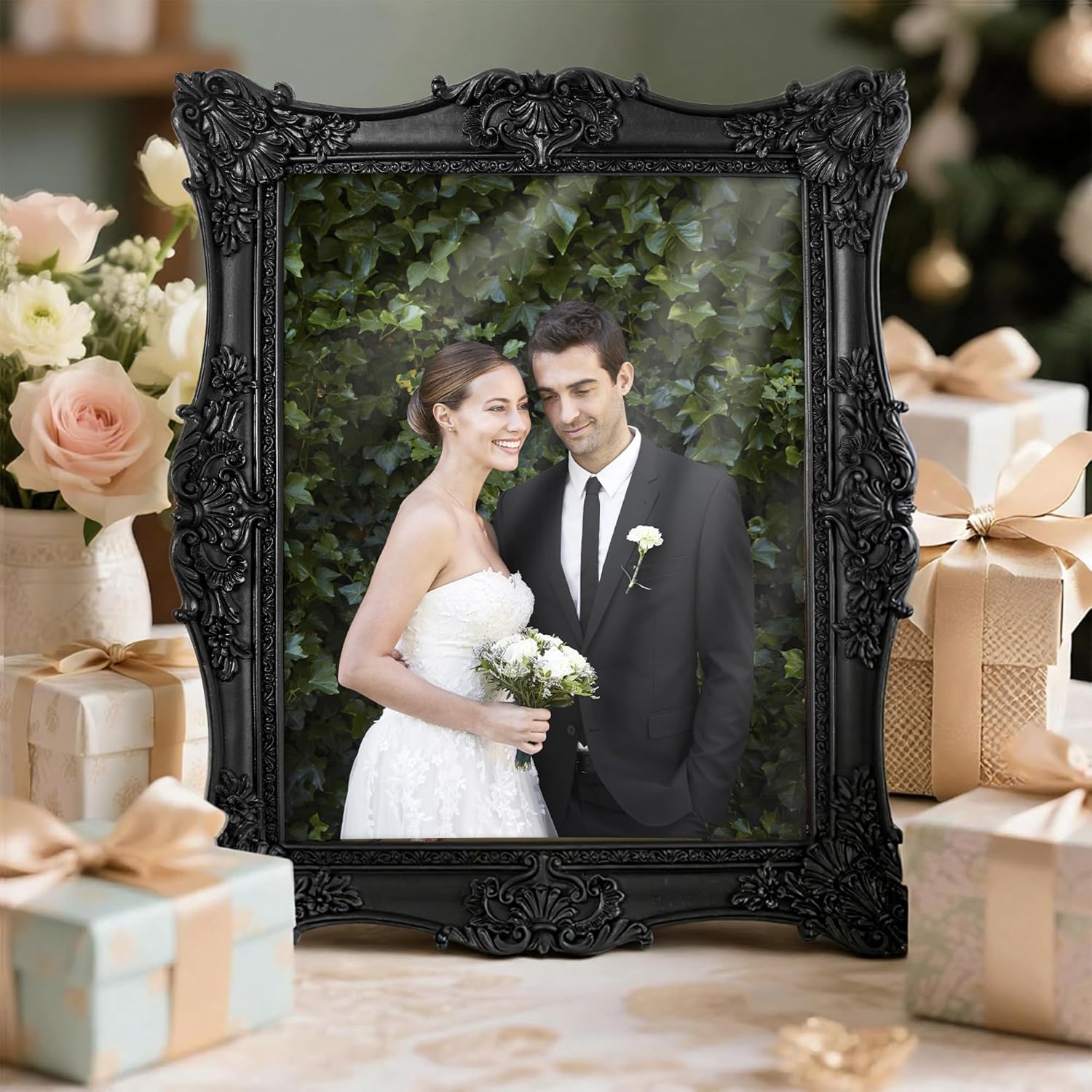 8x10 Picture Frame, Vintage Black Ornate Textured Hand-Crafted Resin Photo Frame with Easel & Hook for Tabletop & Wall Display, Retro Design Home Decor