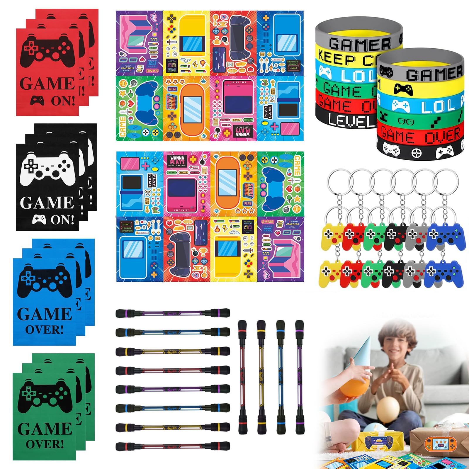 Vernerth Gaming Party Bag Fillers  64Pcs Video Game Party Favours for Kids, Includes Invisible Ink Pens, Silicone Bracelets, Keychains, Luminous Stickers, Gift Bags, Boys Party Bag Fillers