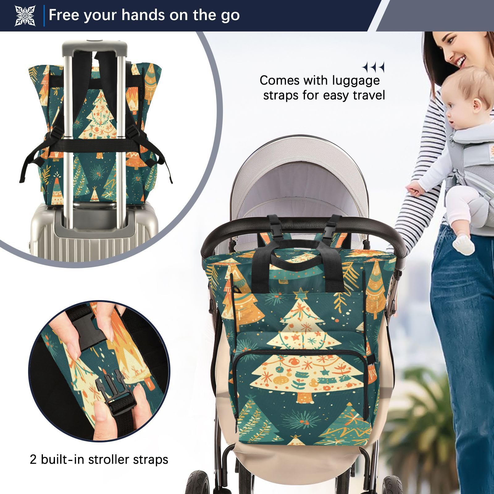 ÁRboles Dorados Vacaciones Festivas Mochilas de Pañales para Gran Capacidad Pañal Bolso Mochila para Viajar al Aire Libre Mamá y Papá