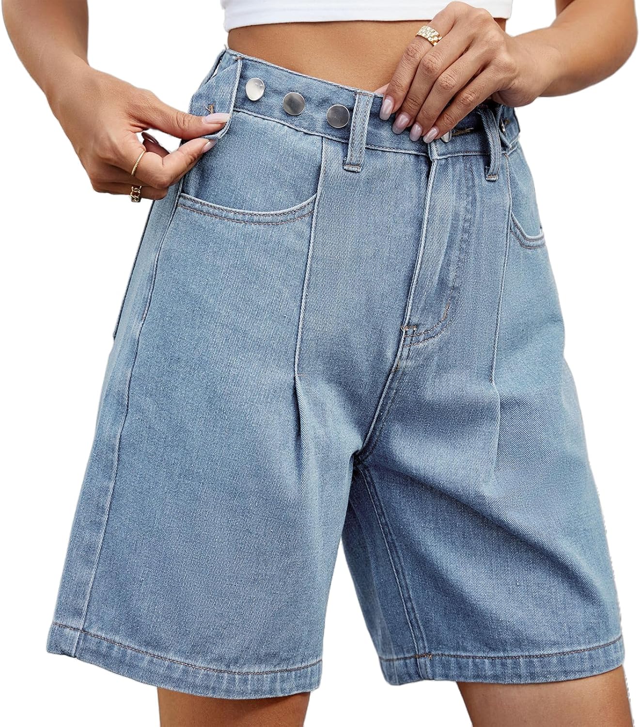 Djeanxa Women's High Waisted Knee Length Denim Shorts Button