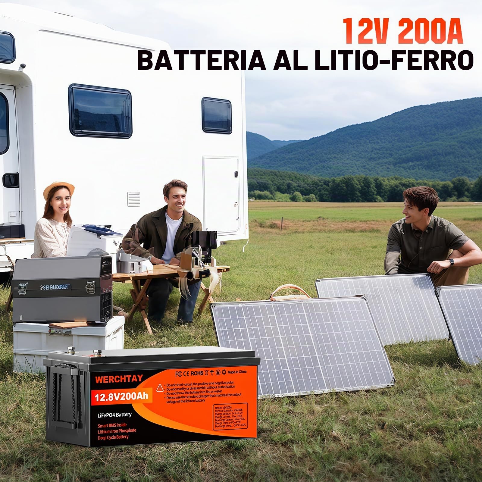 WERCHTAY Batteria Litio 12V 200Ah, 2560Wh LiFePO4 Batterie, con BMS Integrato da 200A, 18000 Cicli a Scarica Profonda, Protezione Contro le Basse Temperature, per Off-Grid, Camper e Imbarcazioni