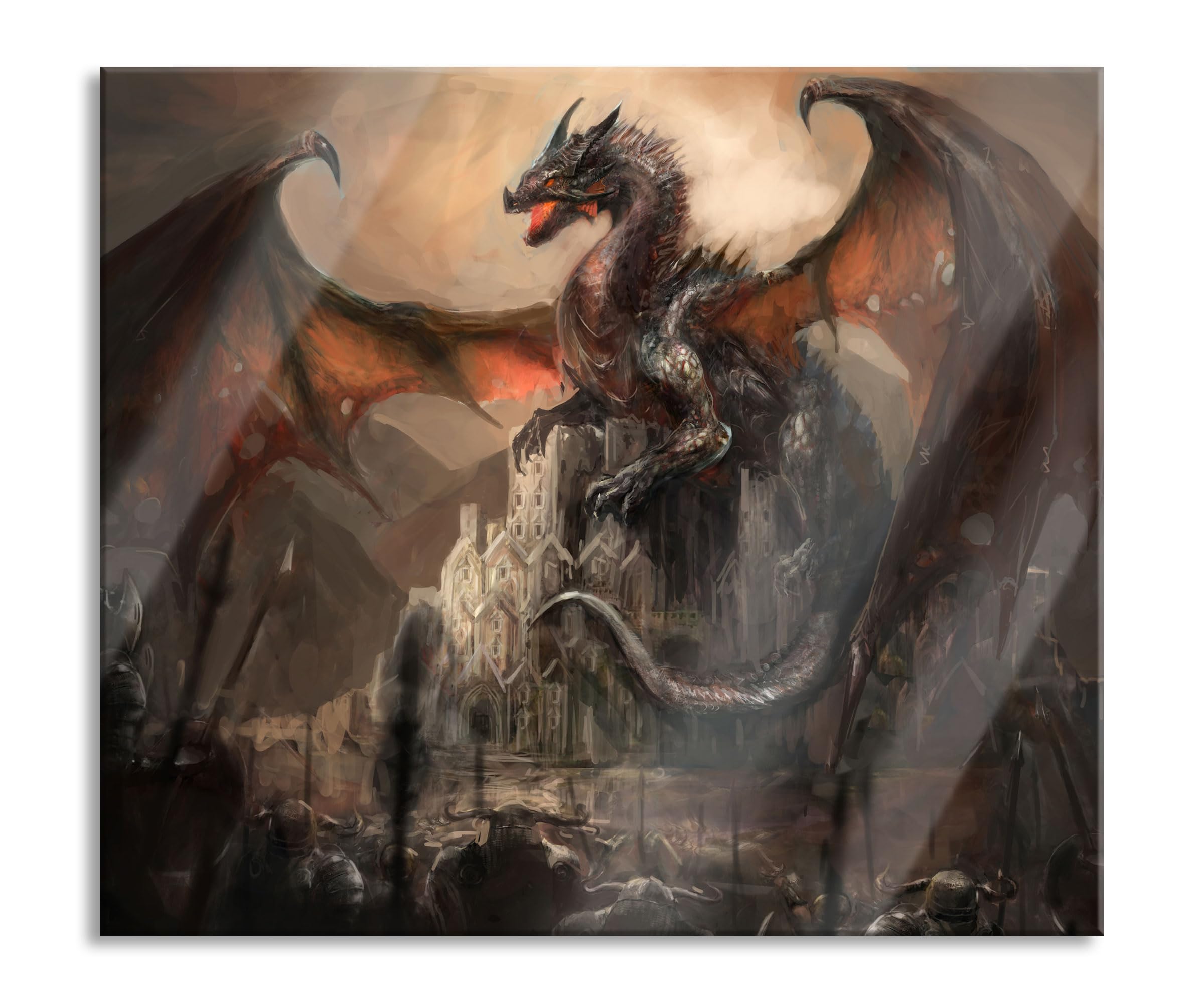 Drache schützend über Burg Herdabdeckplatte & Spritzschutz aus Echtglas | Für Herd-Kochfelder | 60x52 cm