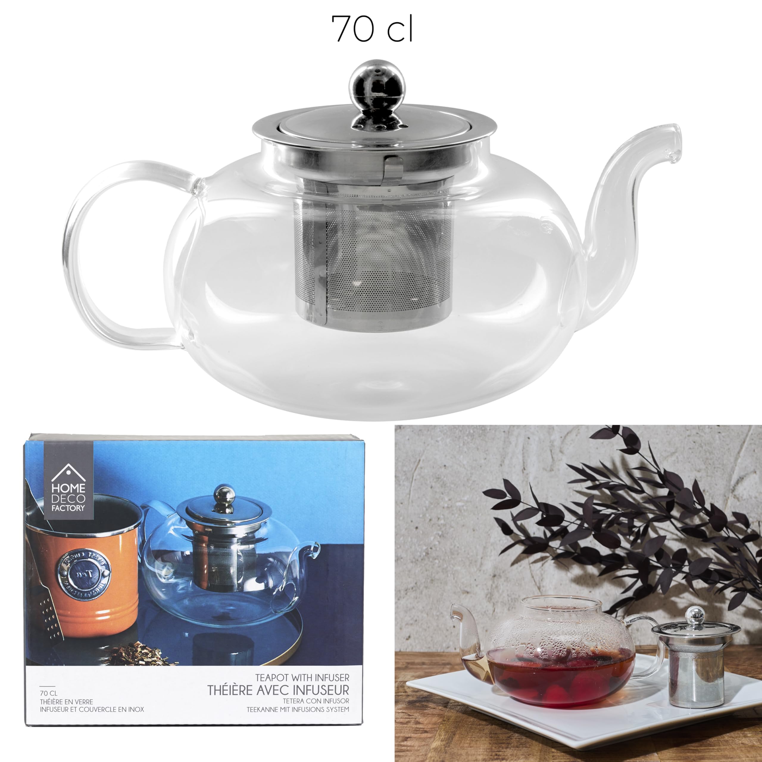 HOME DECO FACTORY - KA4549 Théière En Verre Avec Infuseur En Inox - Conçu Pour Café et Apéritifs - Design Élégant et Moderne - Dimensions 11 x 20 x 13.5 cm - Multicolore