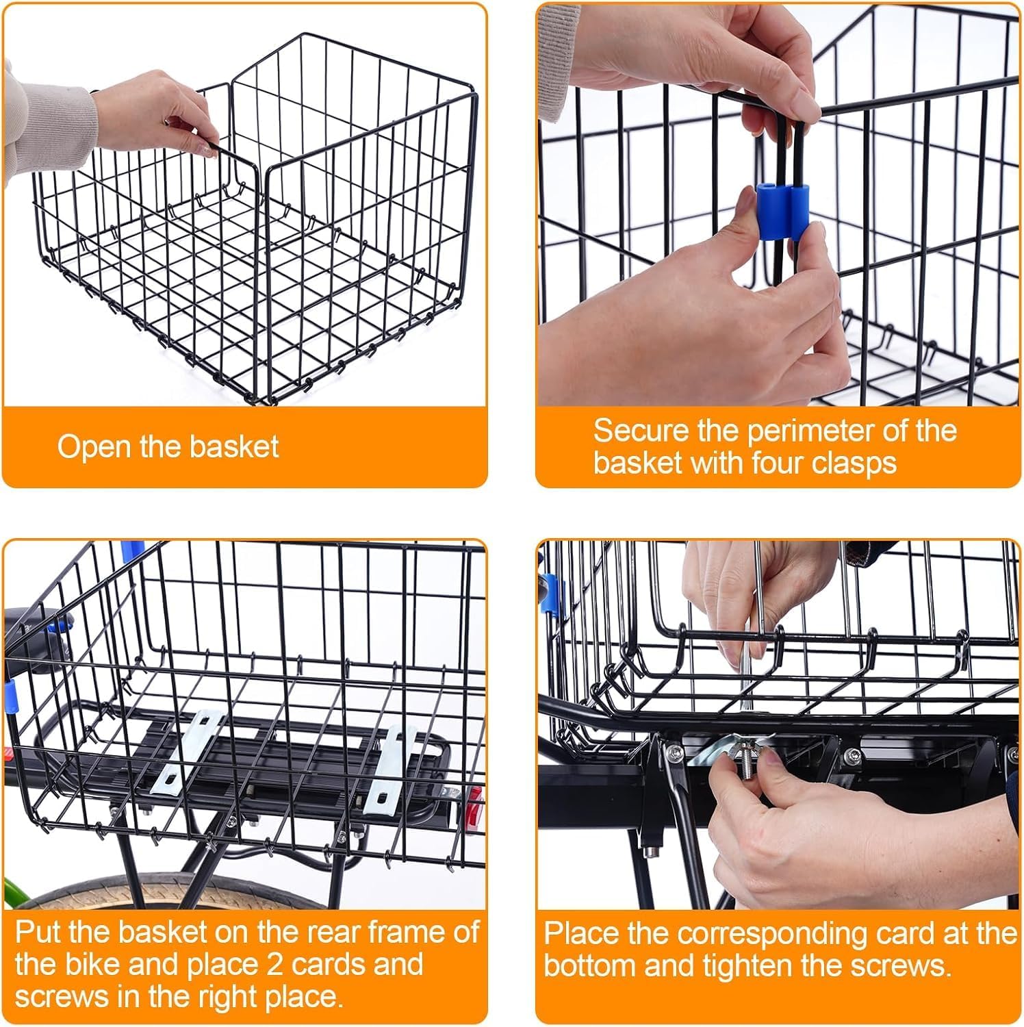 Hands unfolding the metal wire bike basket