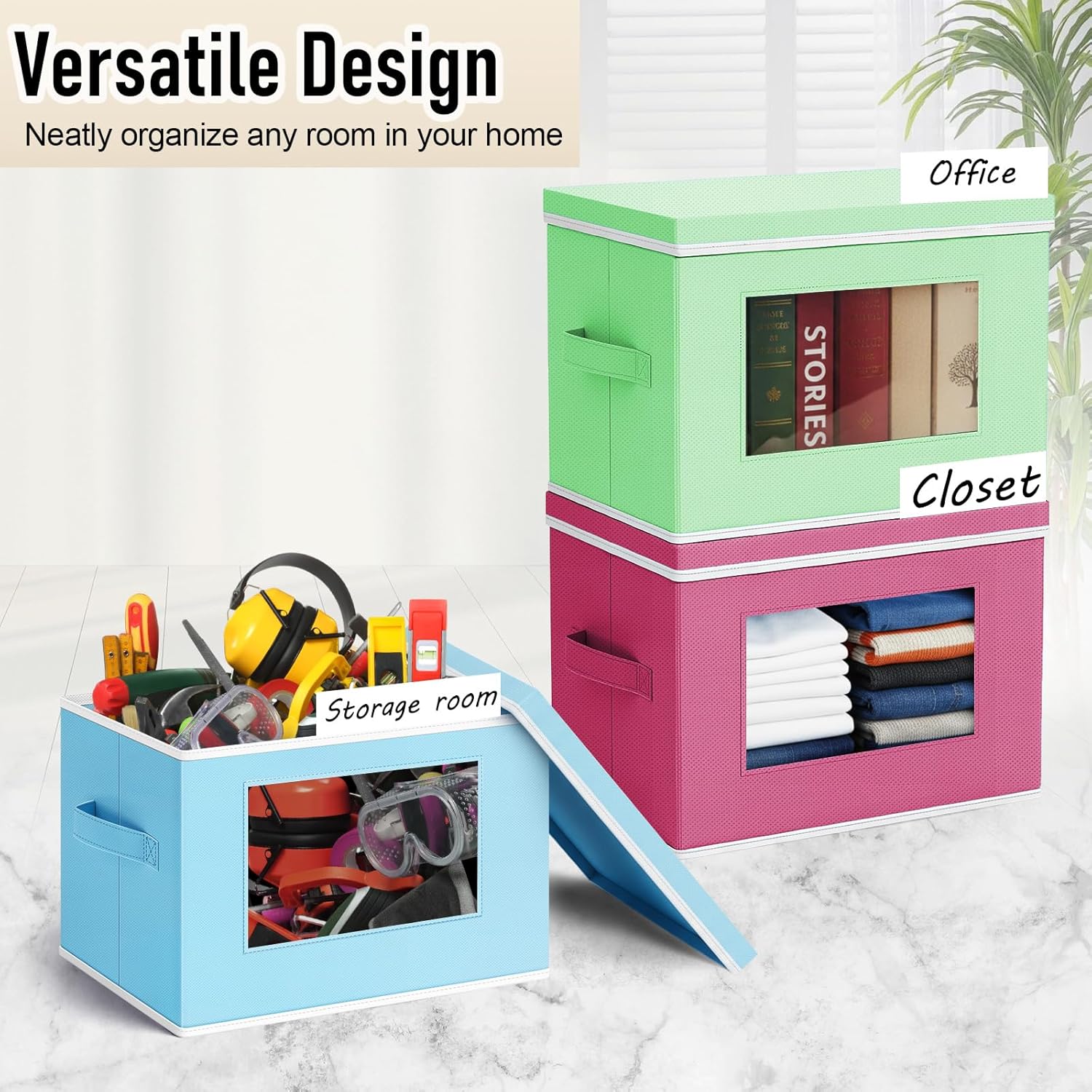 Threehoney 10 Pcs Fabric Storage Cubes with Lids and Clear Windows 14x10 Inch Foldable Closet Organizer Bins Aesthetic Pastel Storage Bins for Shelves Dorm Essentials Craft & Office Organization