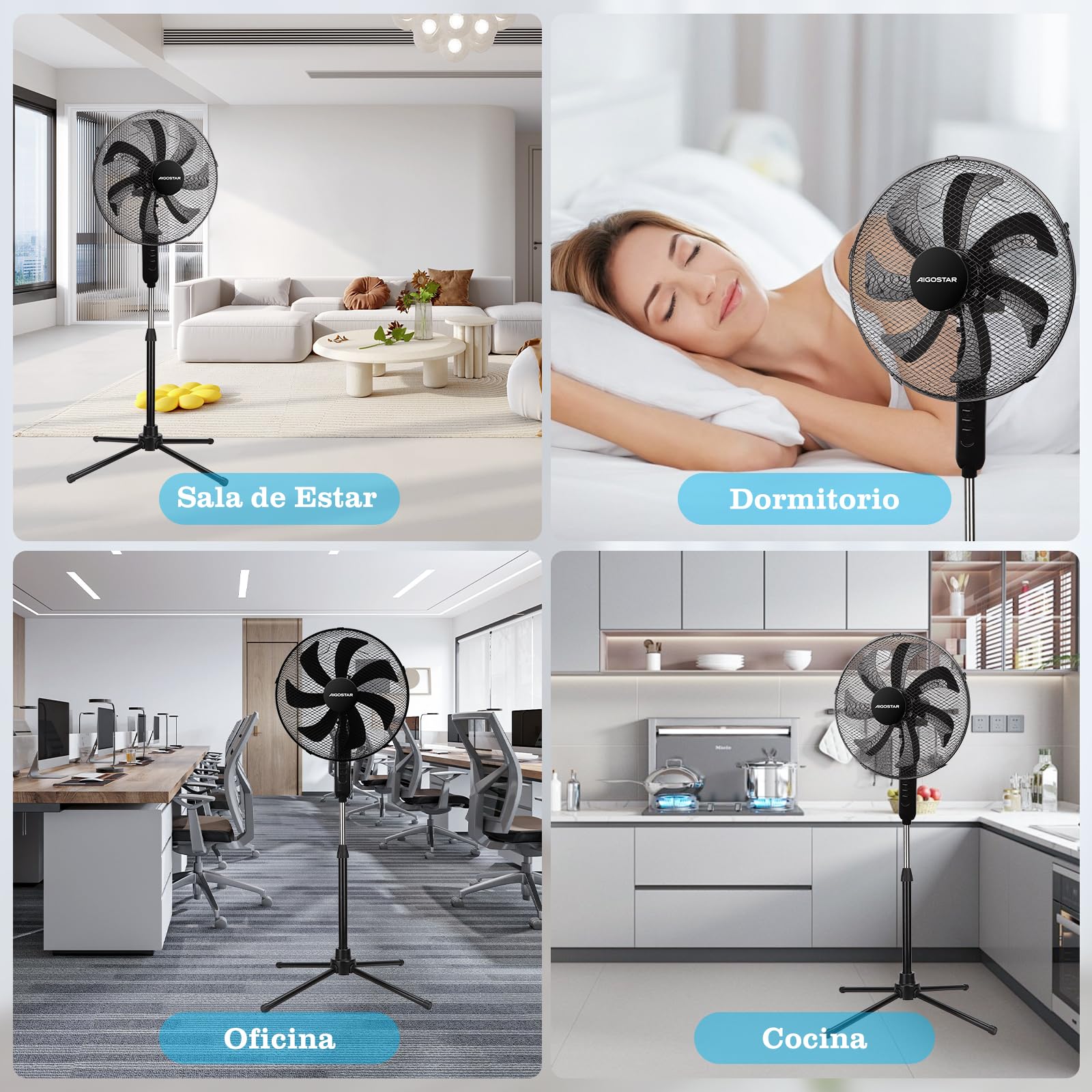 Aigostar Ventilador de Pie con 7 aspas, 50W, diámetro 41 cm. Ventilador de pie silencioso oscilante 75°, 3 Velocidades y altura ajustable 108-125cm. Silencioso para dormir. Color Negro. Elsie