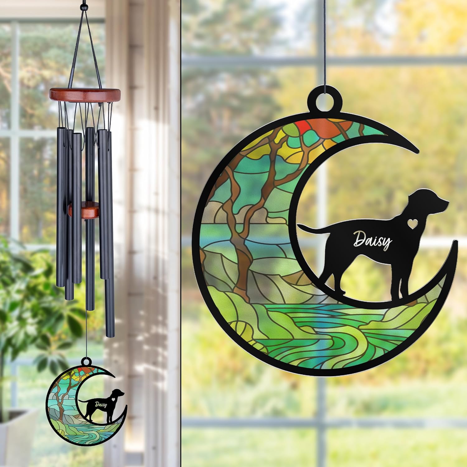 Personalized Dog Memorial Wind Chime with Suncatcher Pendant, 26" Chime with 3.75in Stained Glass Look Acrylic Suncatcher, Customize with Name and Dog Breeds,Loss of Pet Sympathy Gift - Black