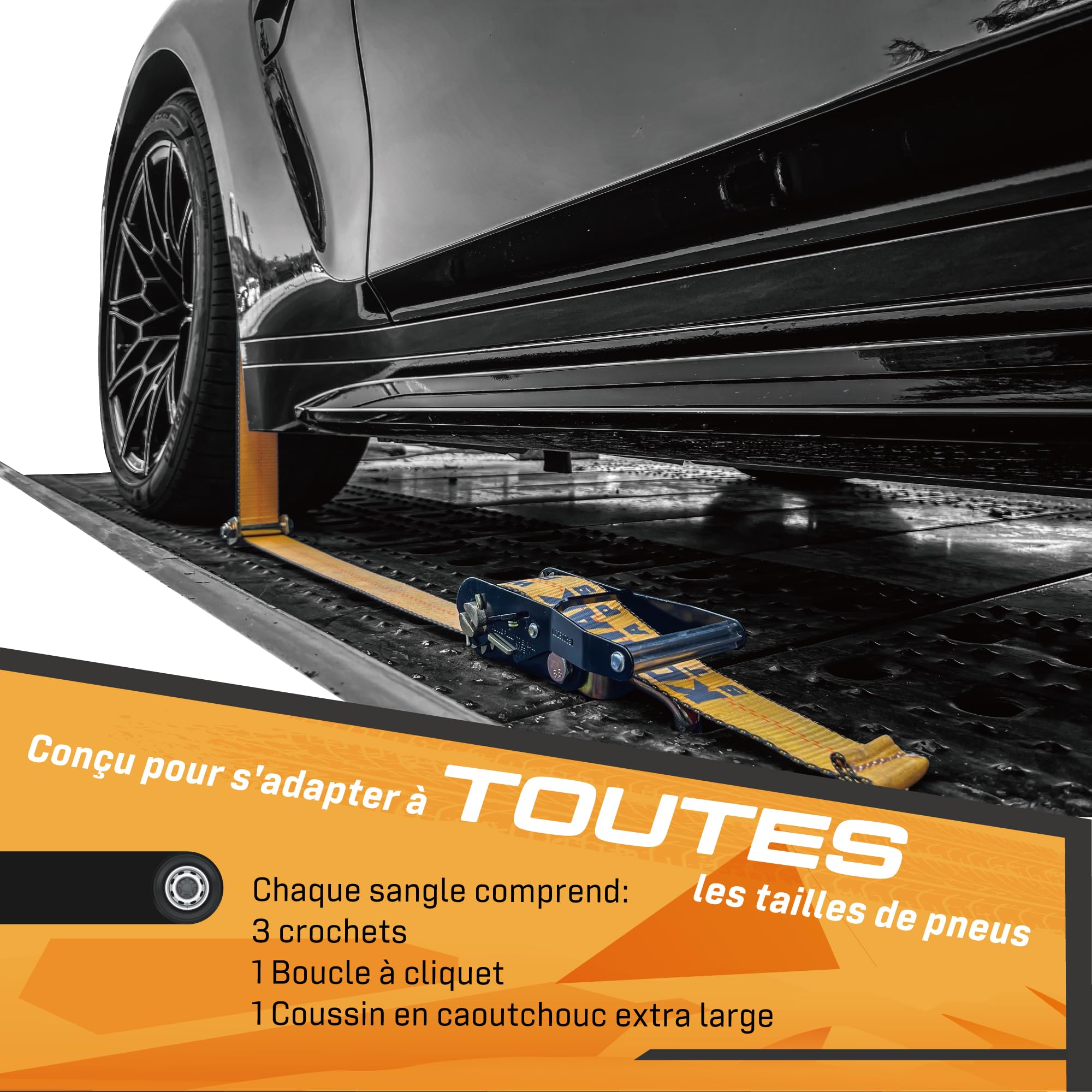 4 Lots de Sangles pour Roues 50mm x 2.5m | Sangle à Cliquet 5000kg pour Transport de Véhicules | avec Patins Anti-Dérapants et Crochet Pivots 360° | Certifié TÜV G/S DIN en 12195-2