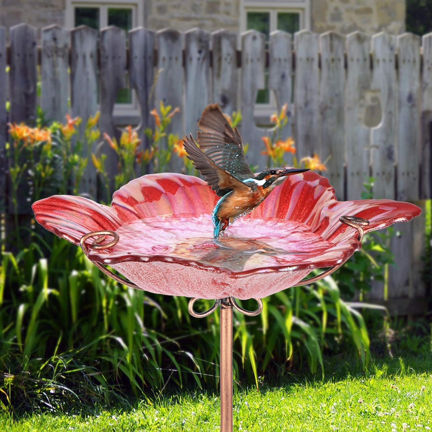 26 Inch Red Outdoor Bird Bath and 31 Inch Yellow Glass Birdbaths