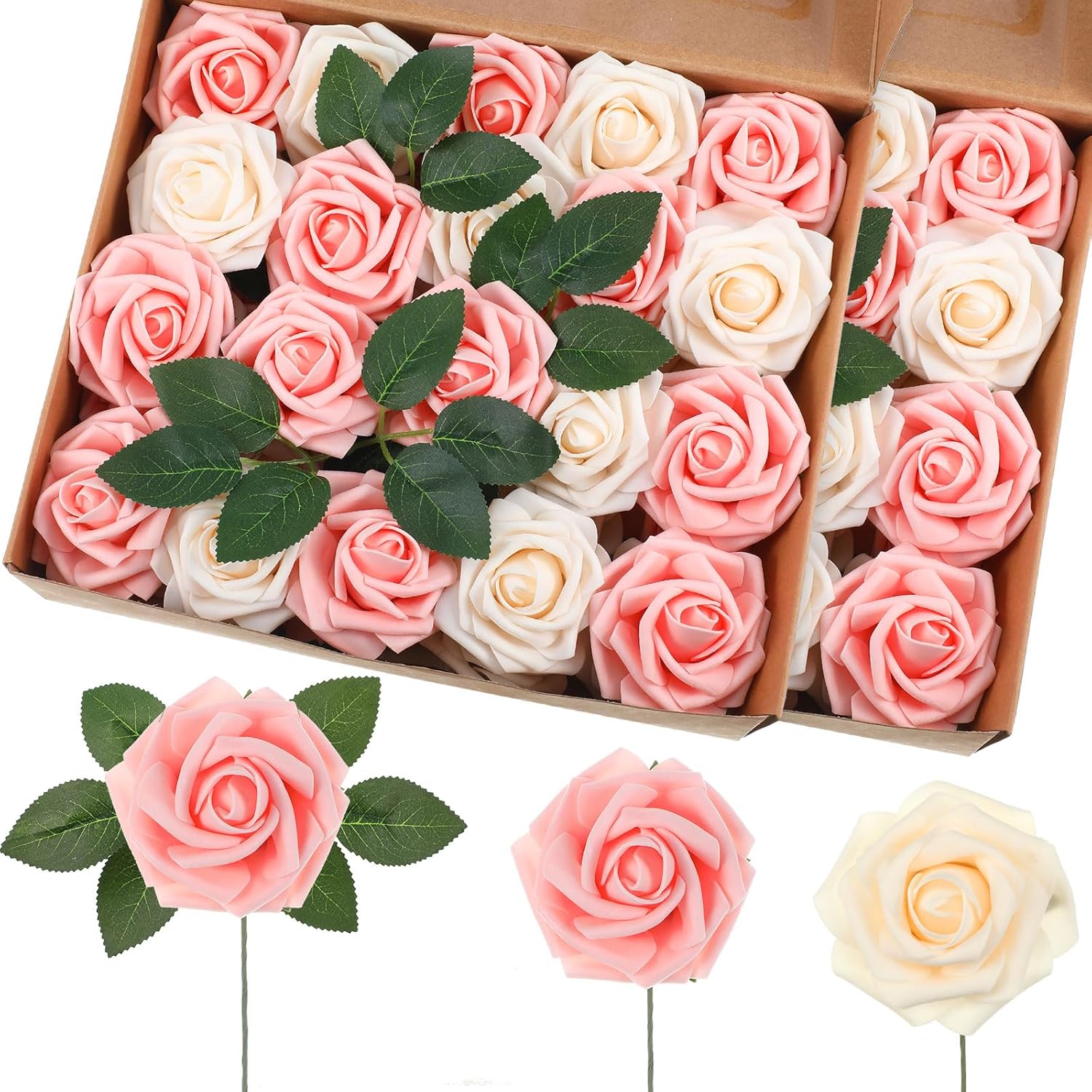 50 Pcs Artificial Foam Rose Flowers Faux Bouquet with Leaves and Stems for DIY Wedding Bouquets Centerpieces Bridal Shower Party Valentine Home Decorations (Pink,Champagne) 50 Pink, Champagne