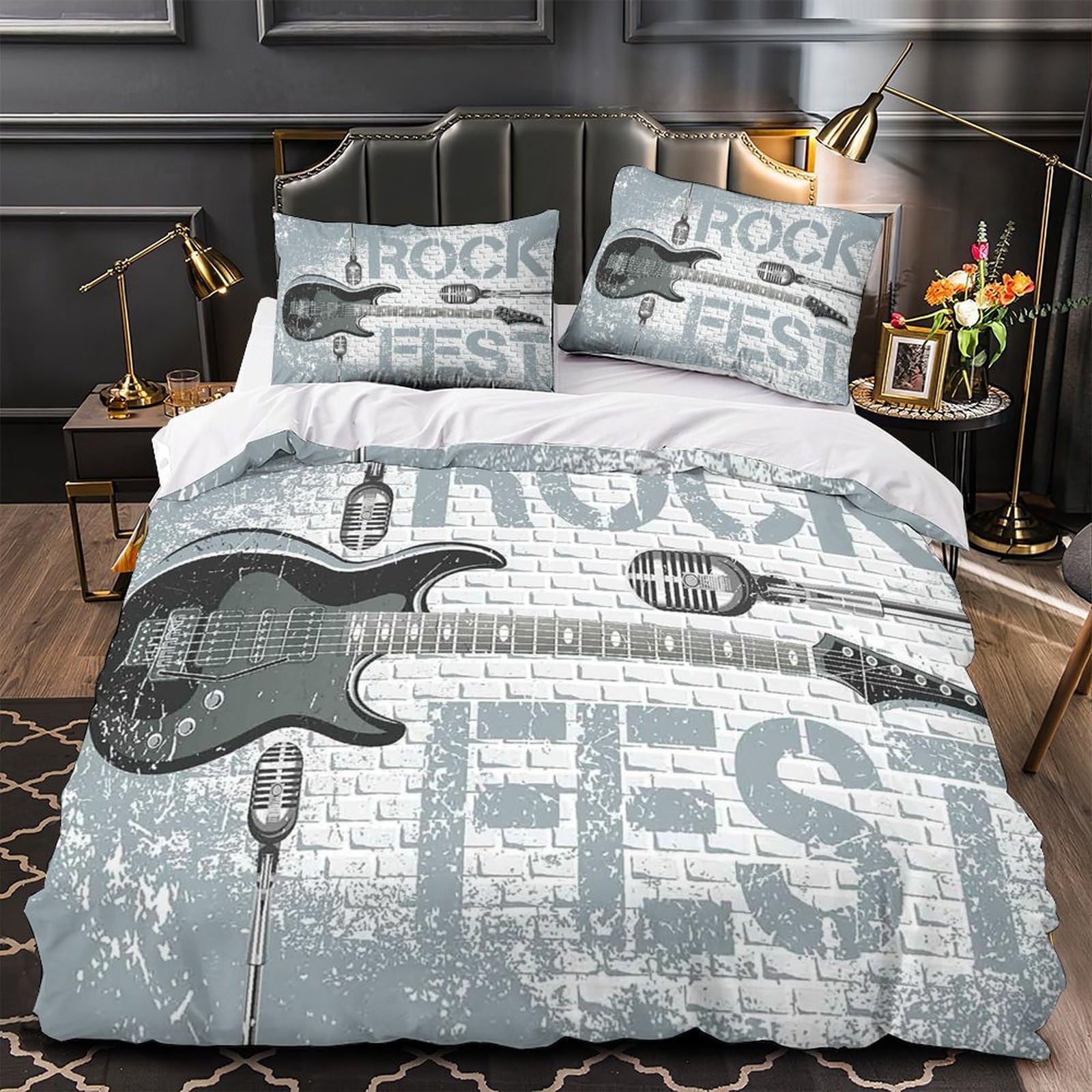 musica rock per chitarra 3D Stampa Coperta Letto 3pz Microfibra Facile Cura manifesto d'epoca Coperteletto 2 federe Zip nascosta Coppie Famiglia Super king（260x220cm）