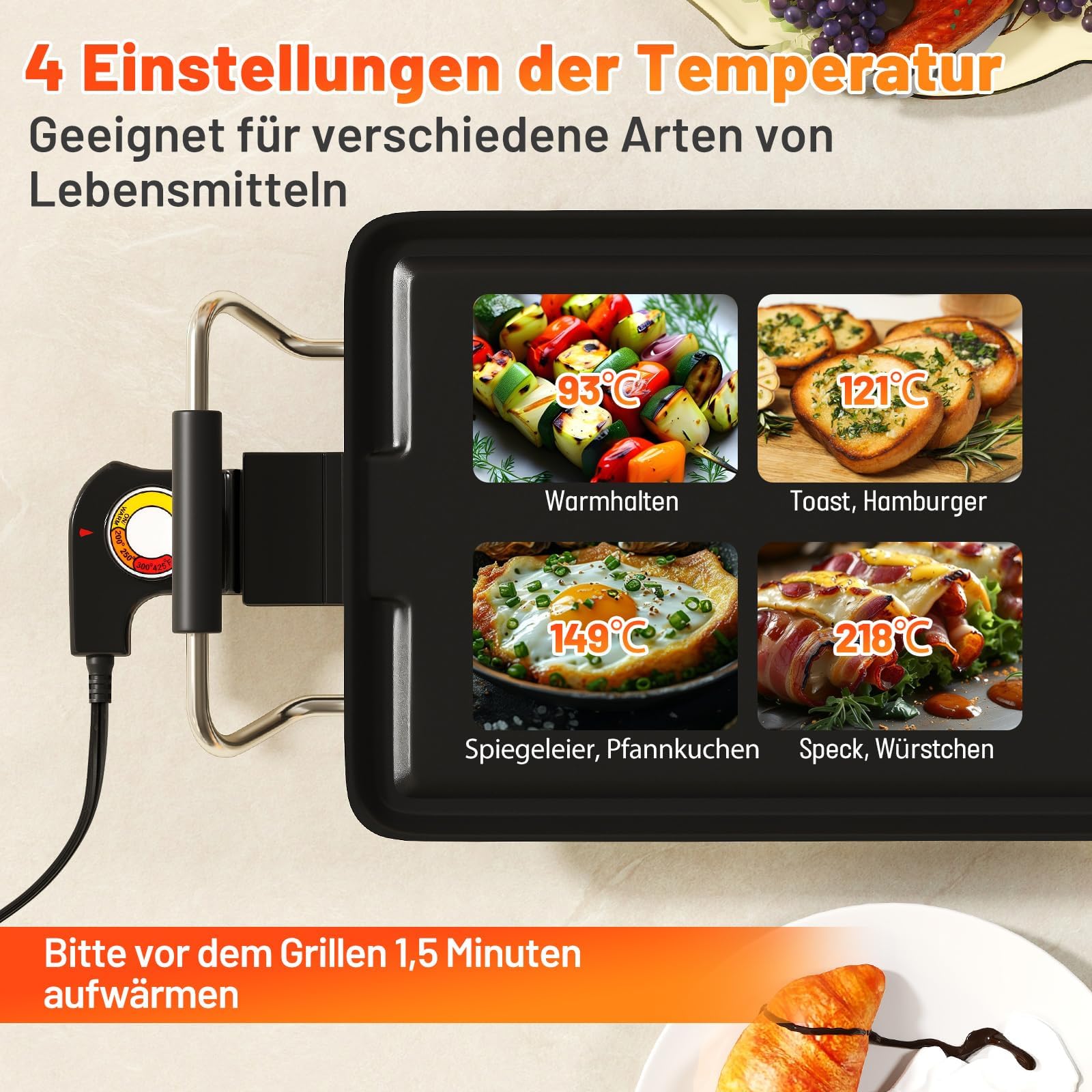 FANTASK Antihaft Elektrogrill 100cm mit Einstellbarer Temperatur, Thermostat und Fettauffangschale
