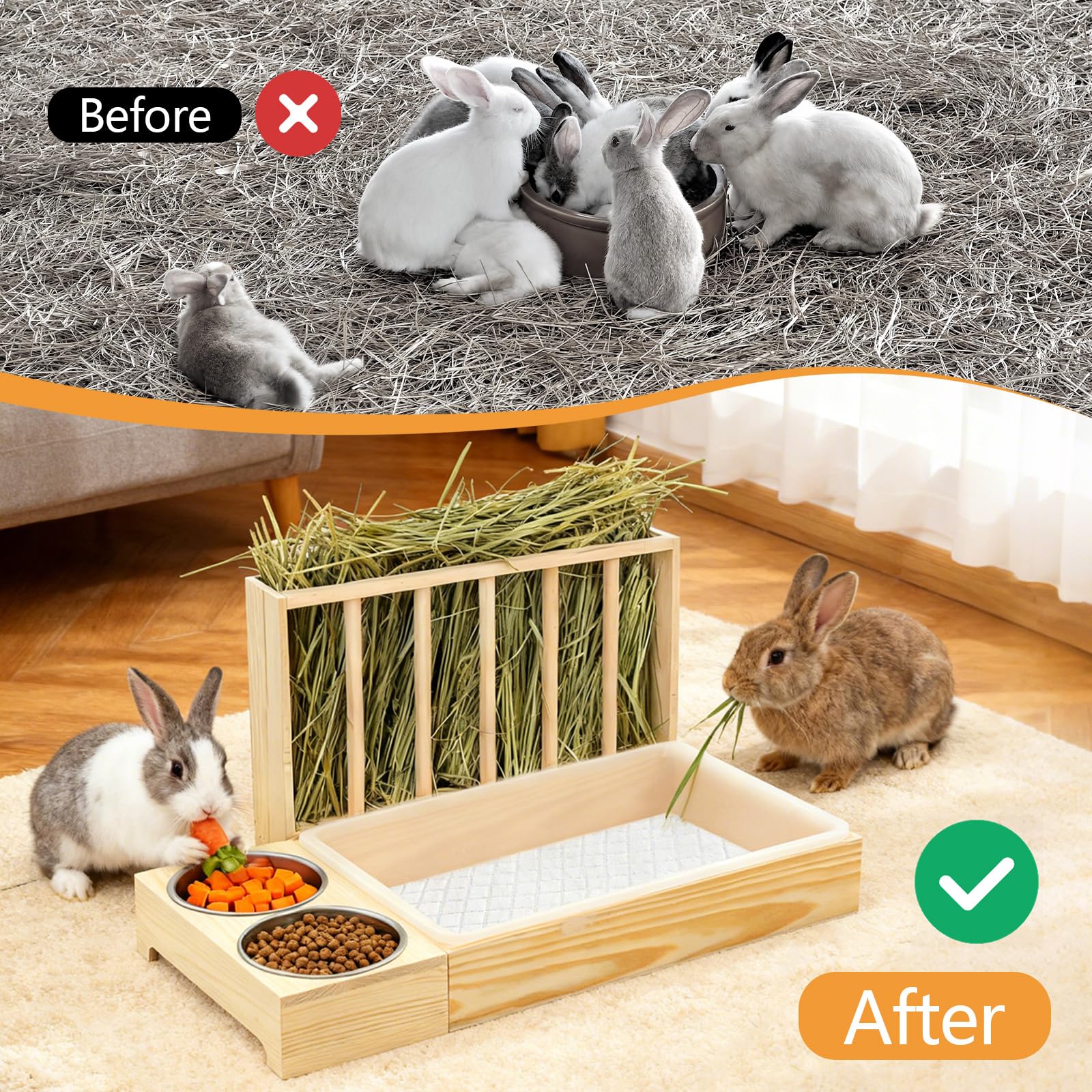 Râtelier à Foin en Bois, Grand Râtelier à Foin Multifonction avec Toilettes et Gamelle Mangeur de Foin de Lapin Support à Nourriture en Herbe pour Lapins Nains Cochons d'Inde Hamsters
