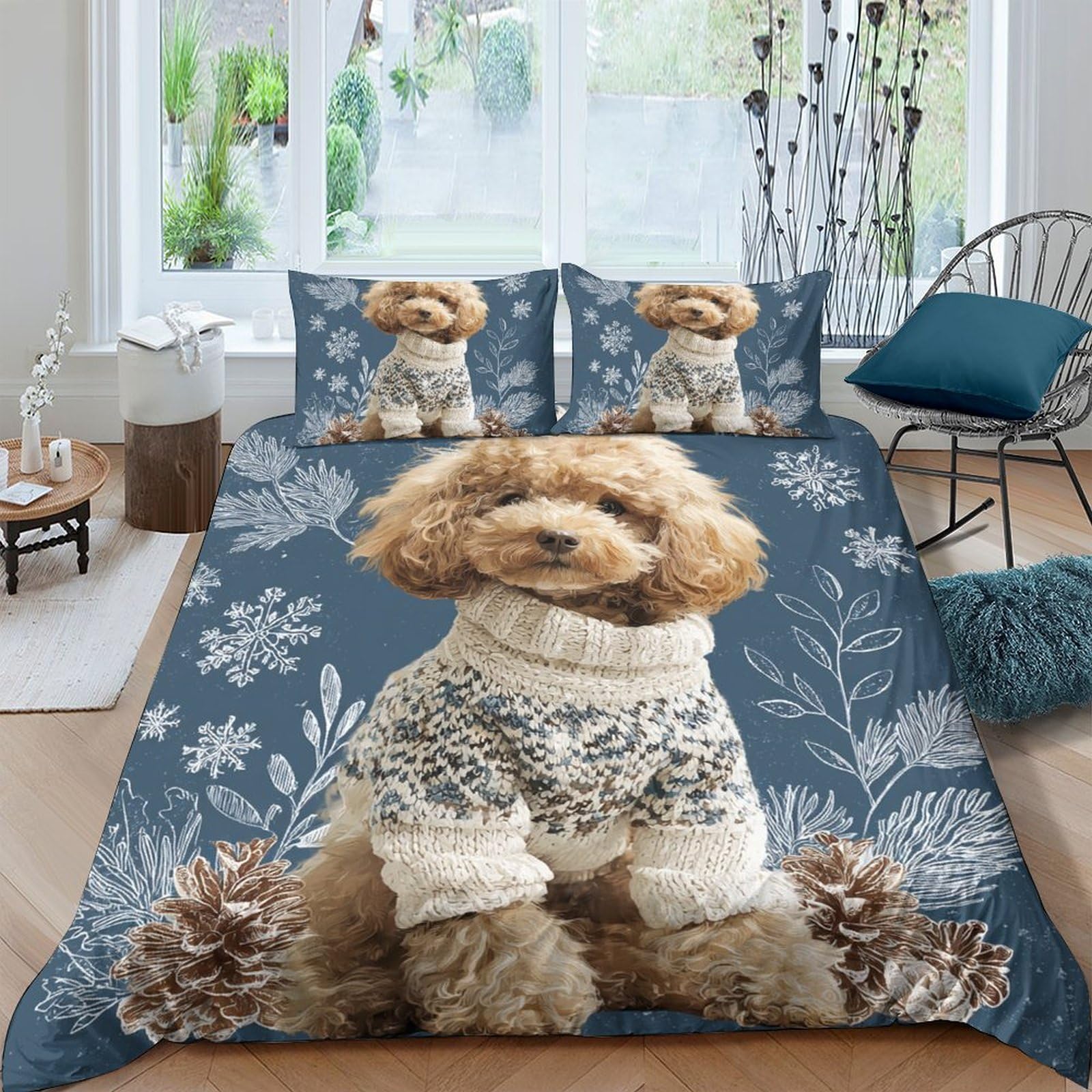 Ctjqhvkz Style-3 3D Printed Cute Poodle Dog Fitted Sheet Microfiber Blue Floral Bed Cover For Bedroom Guest Room Dorm Mattress Decor Single（135X200cm）