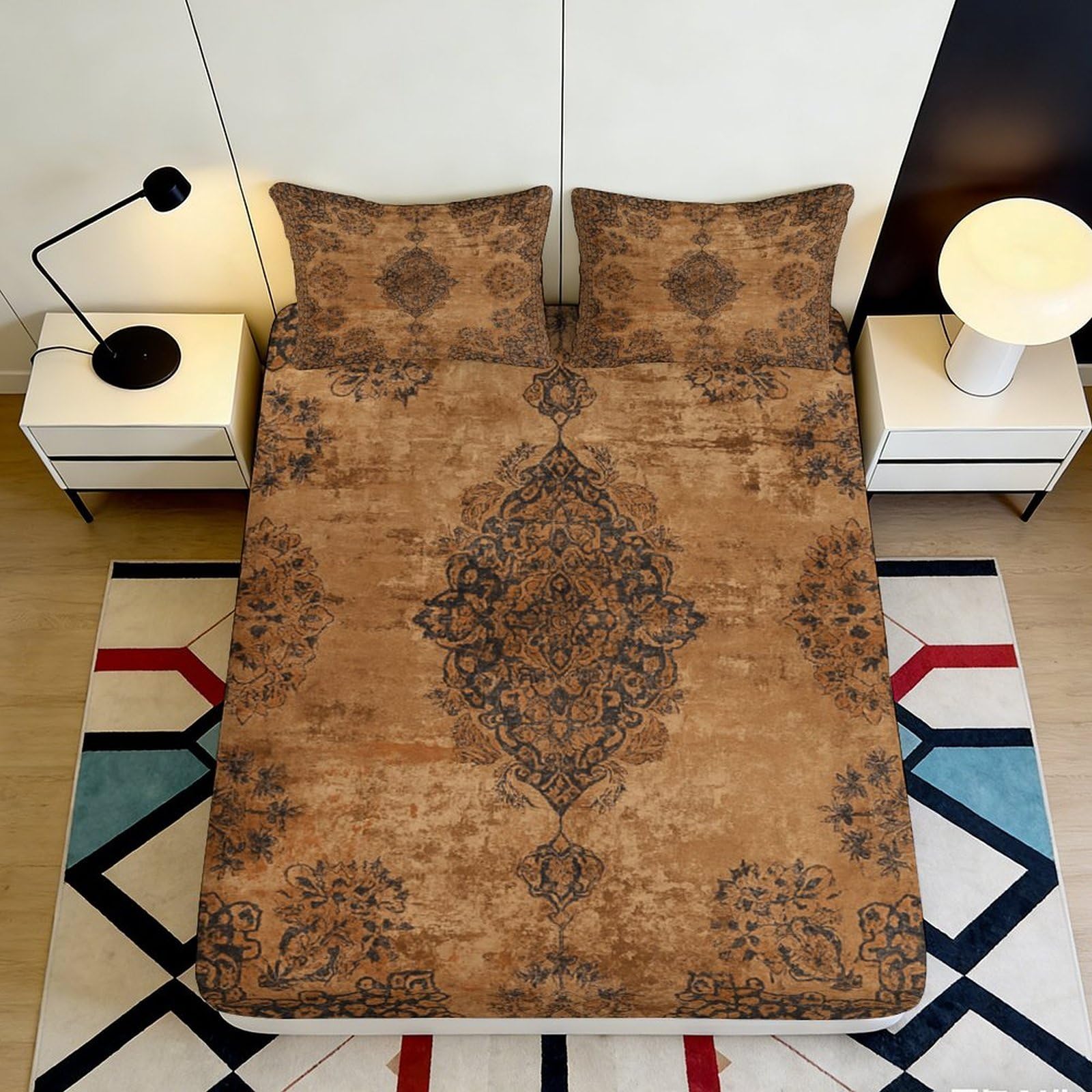 3D Printed Vintage Persian Medallion Fitted Sheet Microfiber Soft Brown Floral Mattress Cover for Bedroom Decor 180x200x25cm
