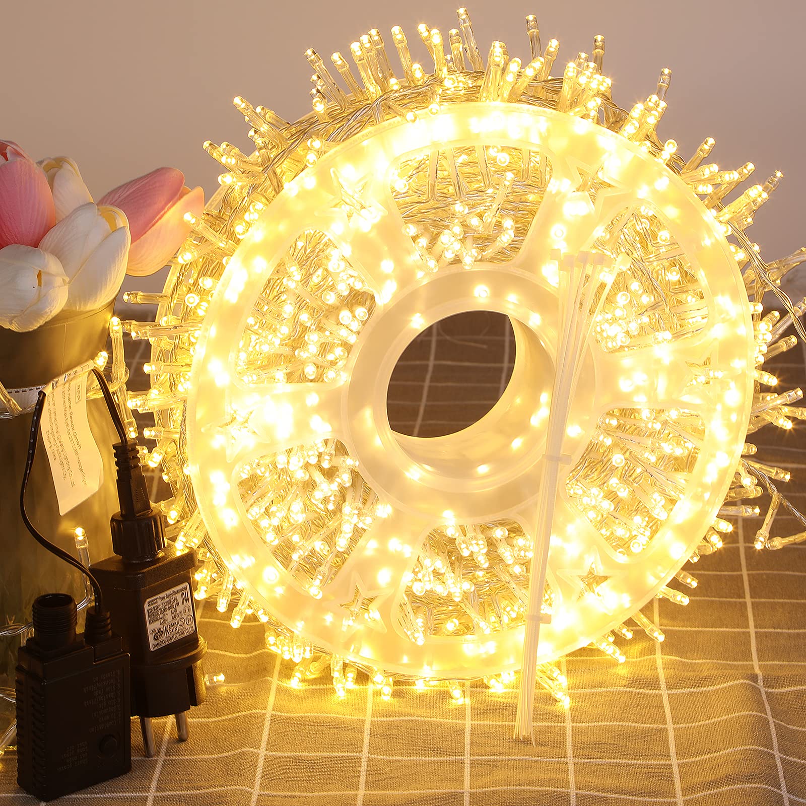ELKTRY Luci Natale Esterno, 1000LEDs 25M Luci per Albero di Natale, Catena Luminosa Esterno Impermeabile con 8Modalità, Stringa Luci Natalizie per Albero/Natale/Giardino/Interno/Festa, Bianco Caldo
