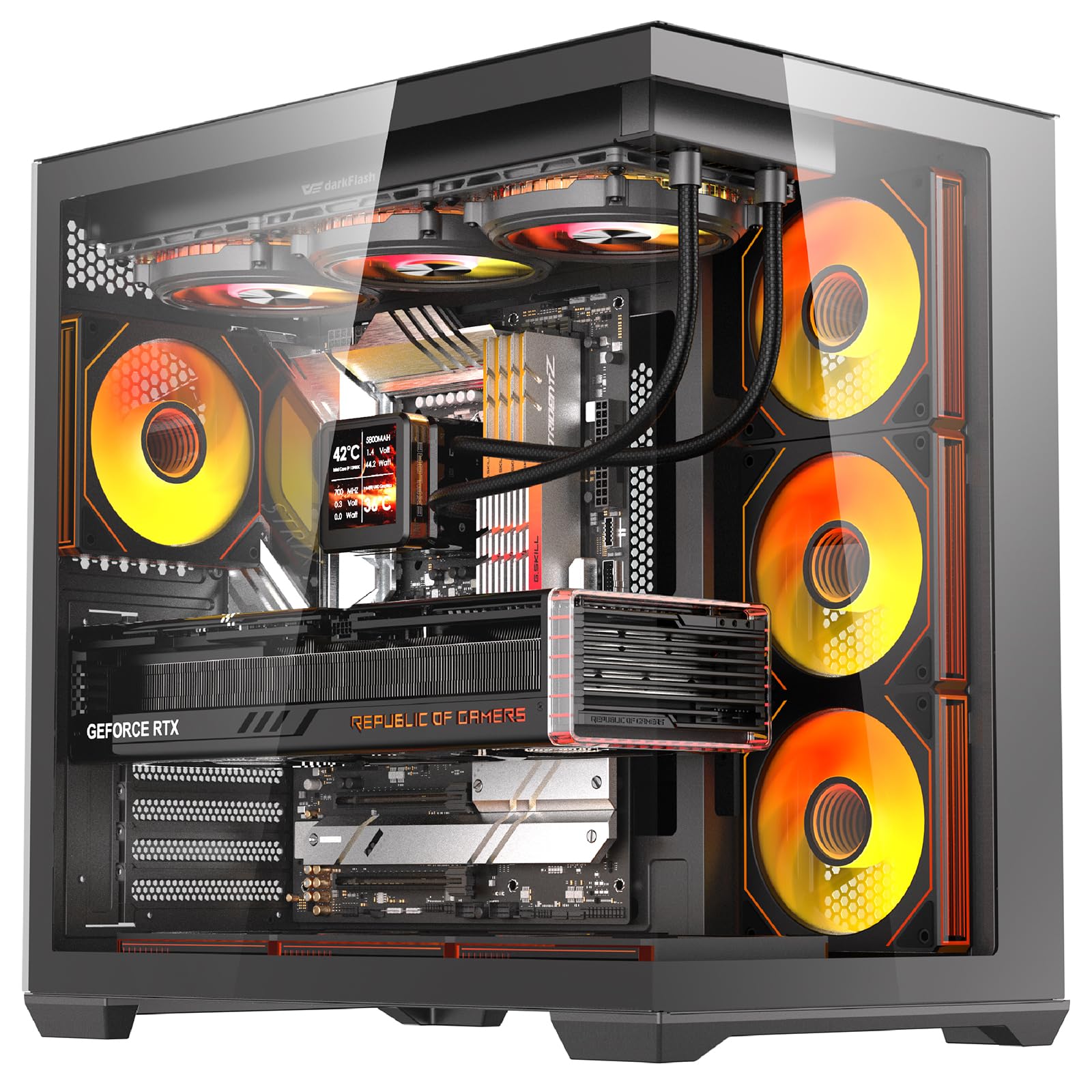 darkFlash C280 E-ATX Full-Tower PC Gaming Case, 7×ARGB Fans Included, 270° Tempered Glass,Reverse Connection Motherboard Compatible, Supports RTX 5090