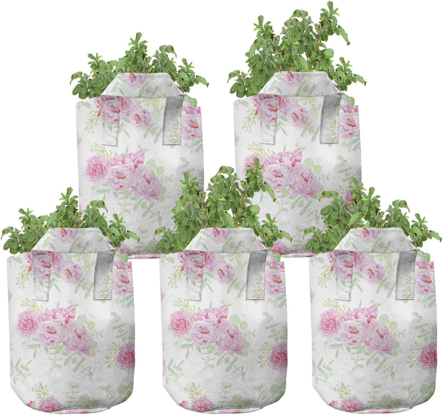 Lunarable Shabby Flora Grow Bags 5-Pack, Serenity Garden Theme, Heavyduty Fabric Pots with Handles for Plants, 7 Gallon, Pale Pink Pale Green