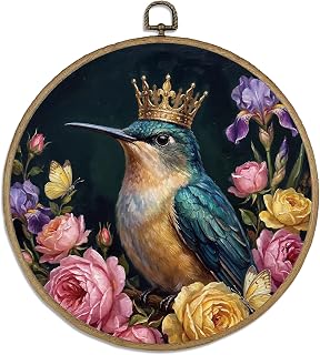 DELORIGIN Kolibri Blumen Vintage Wand Kunst Dekor Florales Rundes Holz Gerahmte Leinwand Wand Kunst Drucke mit Metall Haken Haus Kunstwerk Hängendes Bild für Schlafzimmer Wohnzimmer Flur Treppen