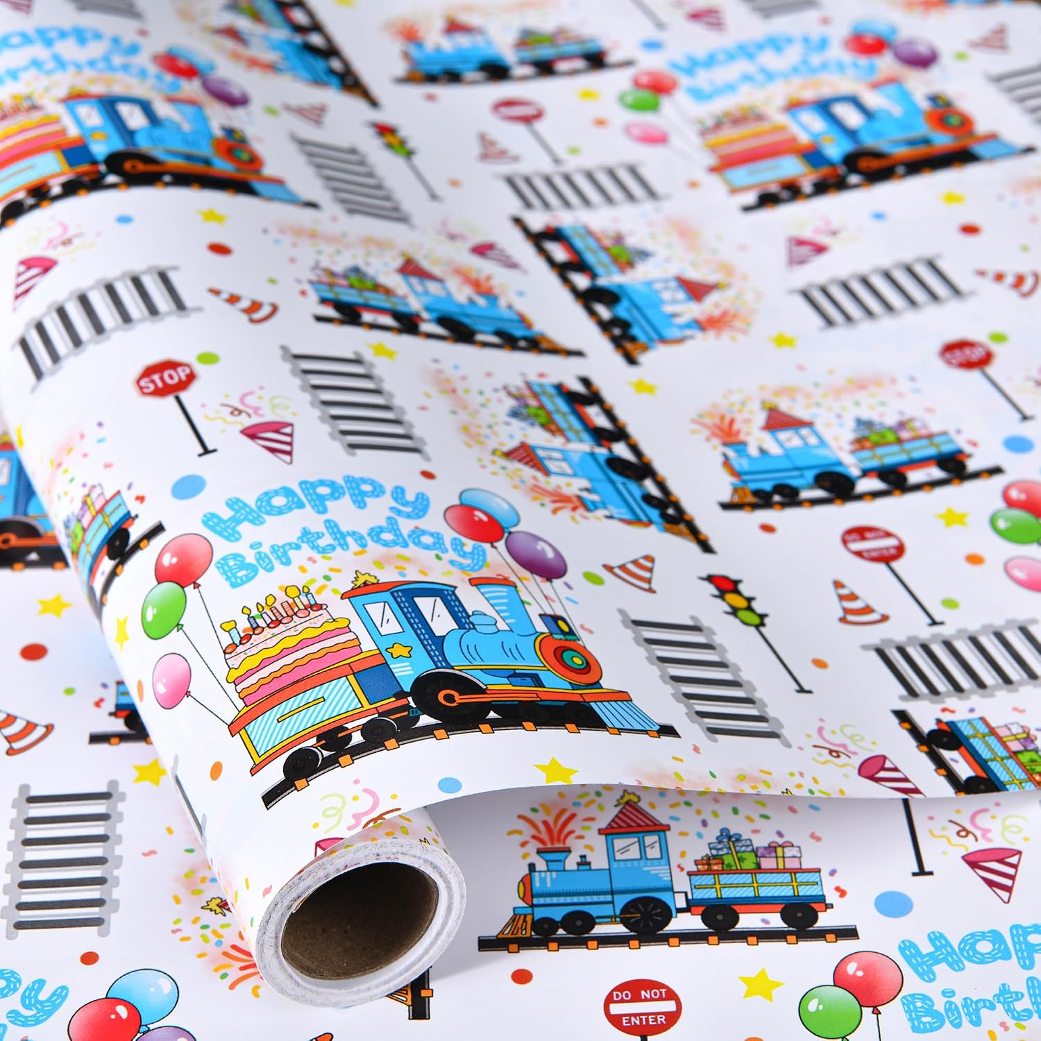 Sikiweiter Train Wrapping Paper - 17 in x 16.5 ft - Birthday Train Gift Wrap for Kids, Toddlers, Train Party Supplies & Decorations