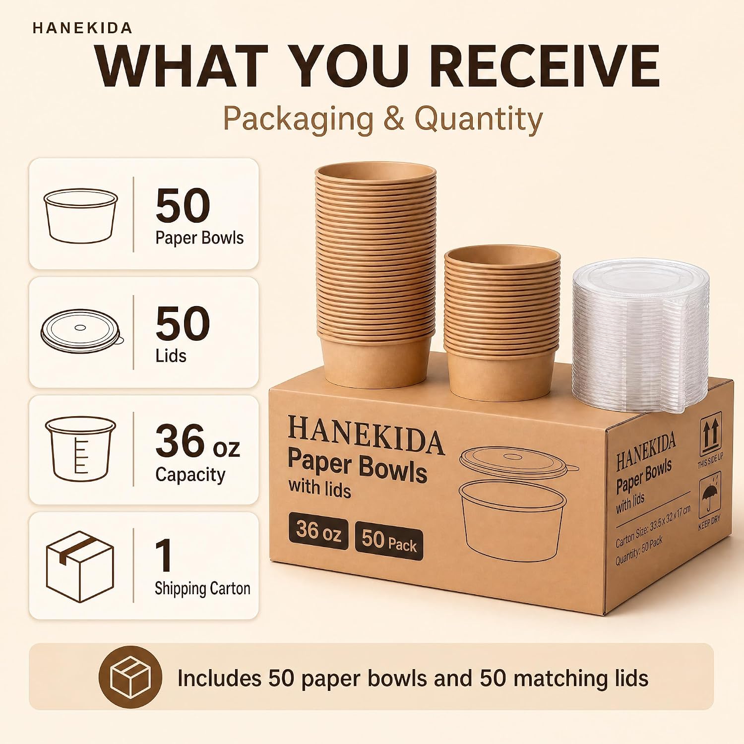 50 Count 36 oz Large Disposable Paper Bowls with Lids, Salad Containers for Lunch, Paper Meal Prep Containers for Hot & Cold Food, Soup, Ramen, Salad