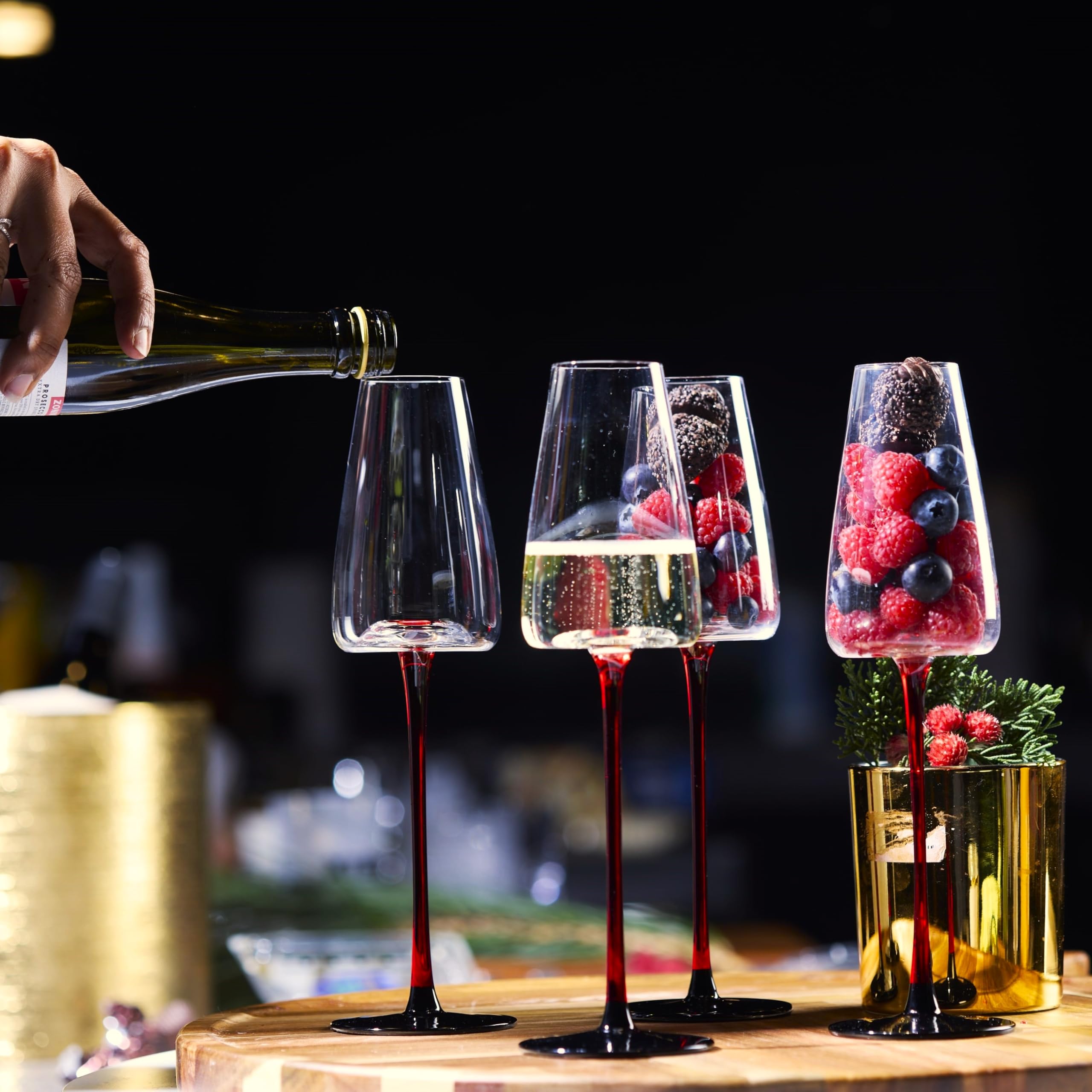 LEMONSODA Concave Champagne Glasses Set of 2 - Modern Red Stem & Black Bottom for Sparkling Wine, Rosé, Prosecco, Champagne – Handcrafted Barware, Perfect for gift – 9oz (265ml) (Set of 2)