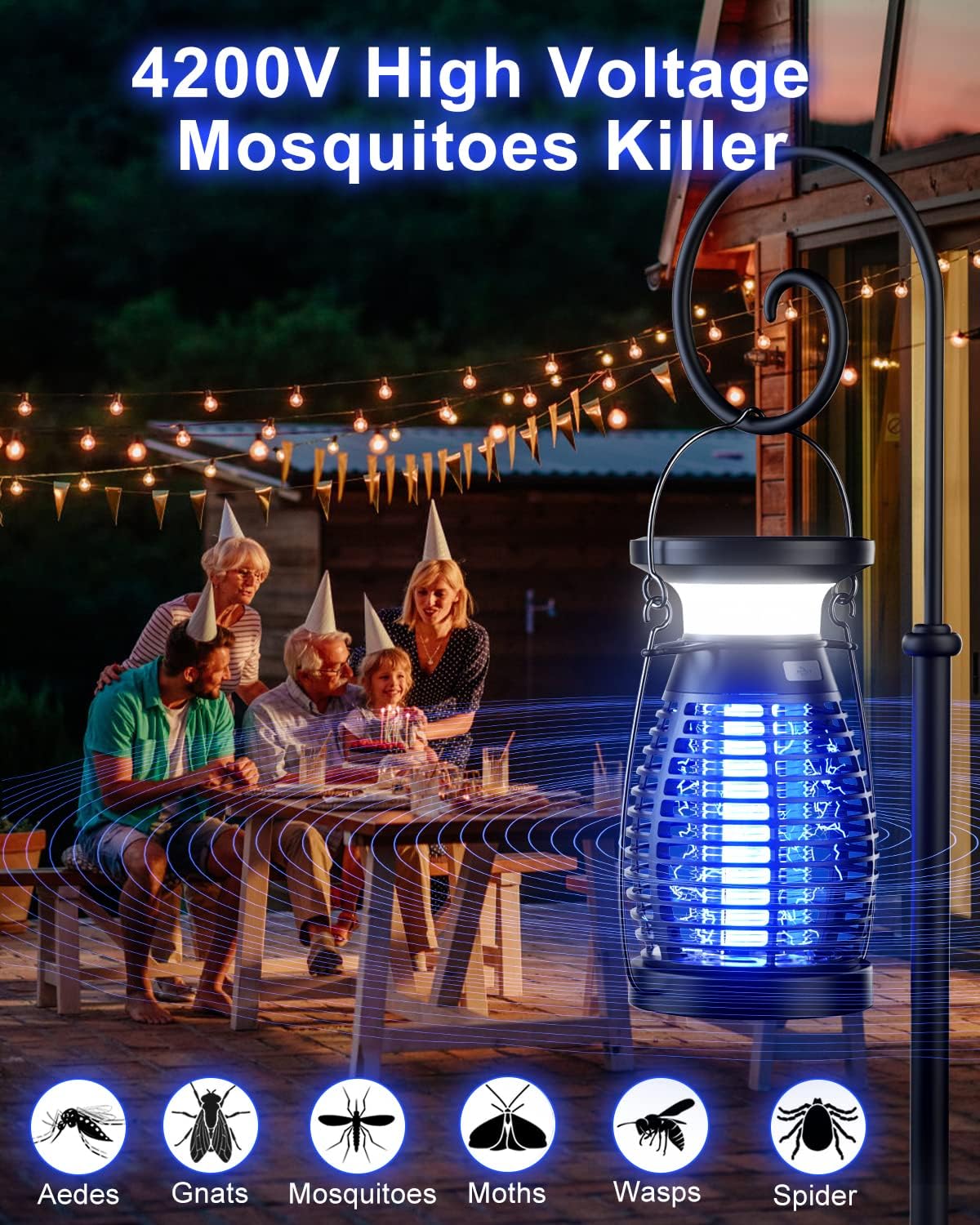 Bug Zapper for Indoor & Outdoor, 3 in 1 Solar Charging Mosquito Zapper with USB Cable, 4200V Electric Gnat Fly Trap/Waterproof Insect Killer/High Powered UV Light Lamp for Home Camping Garden Patio