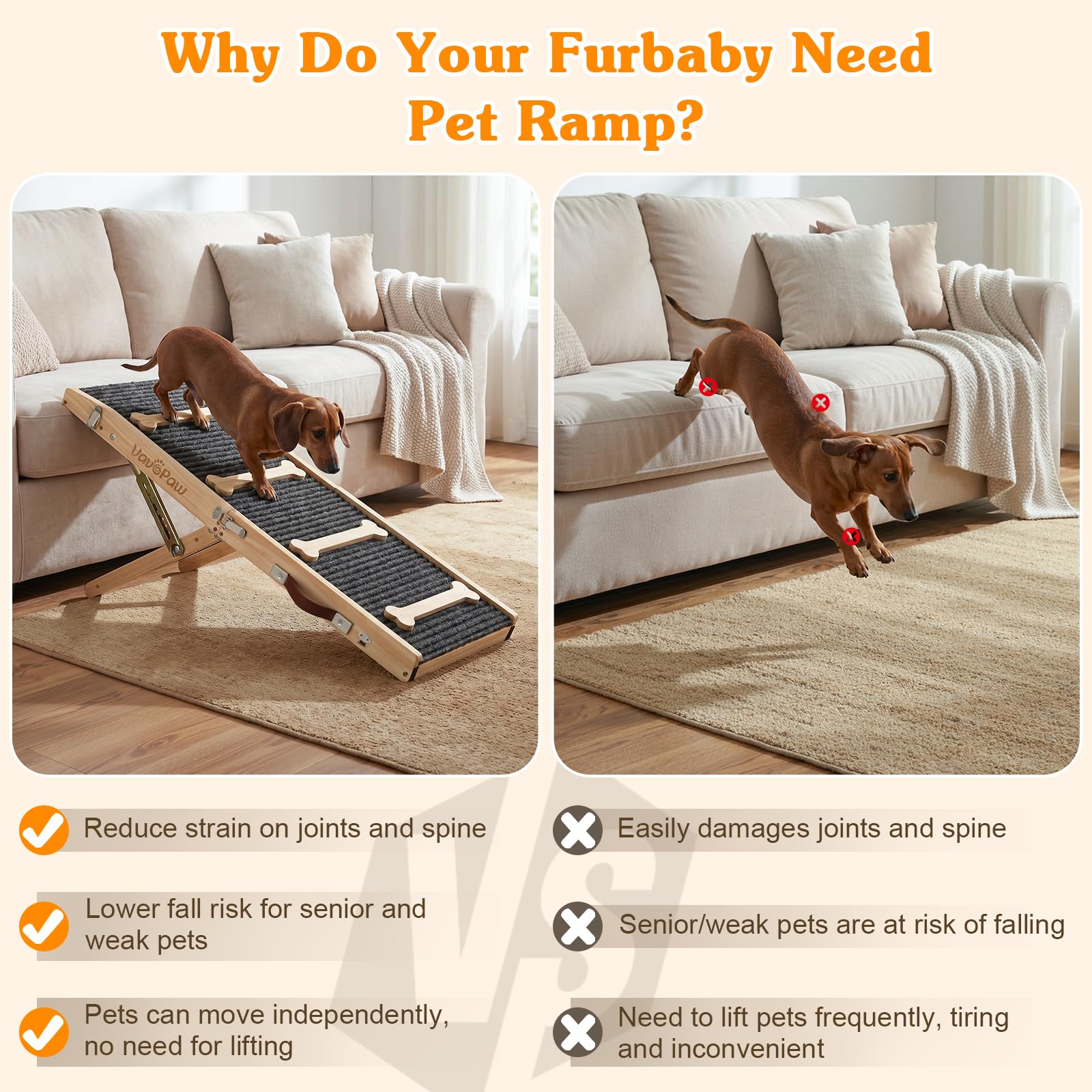 VavoPaw Hunderampe für Sofa und niedrige Möbel, Rampe für Kleine Hunde bis 15 kg, 7 Einstellbar Höhe von 2,4"-18,5" mit rutschfest Matte, Tragbar Hundetreppe für Sofa Couch Treppe