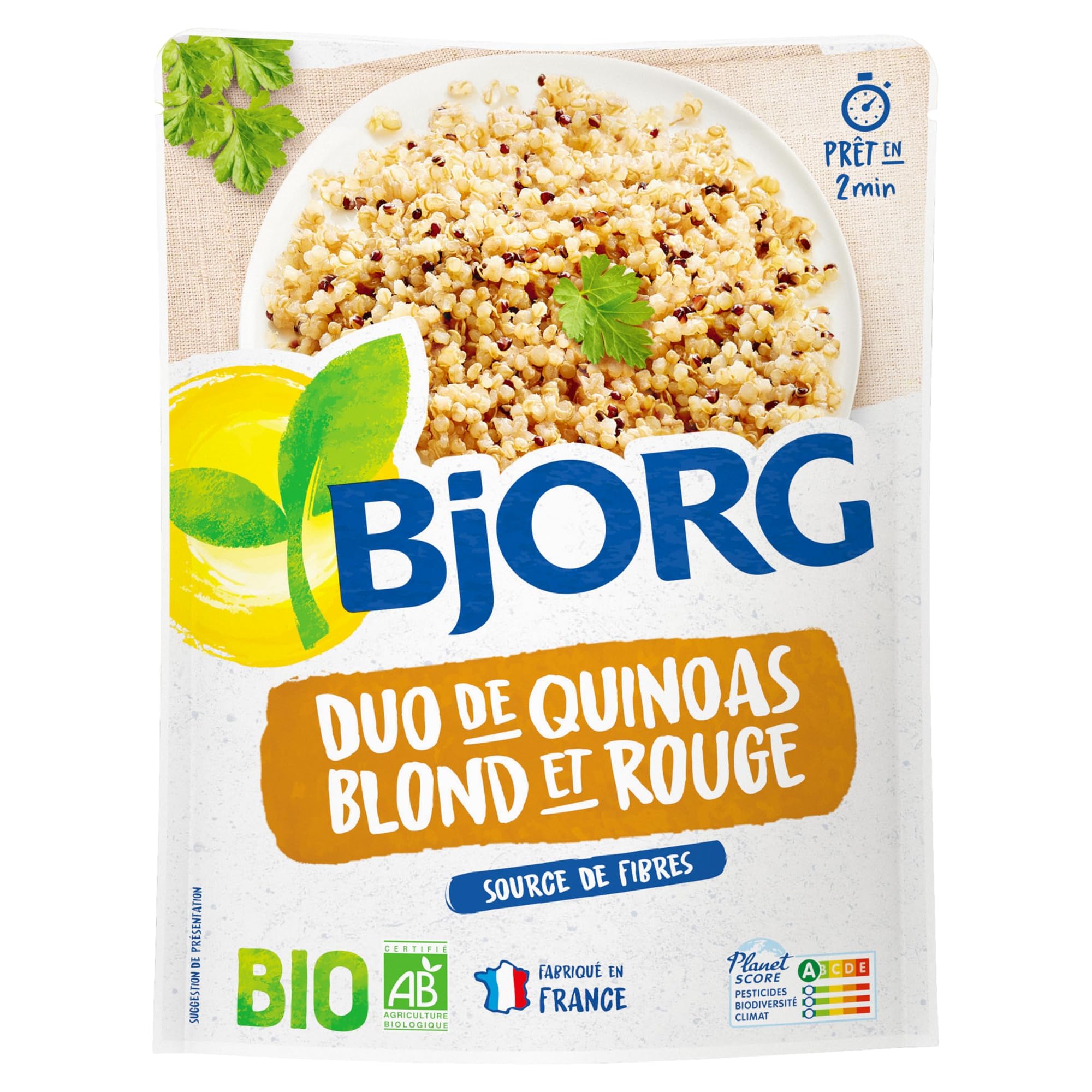 BJORG - Plat Cuisiné Veggie - Duo Quinoa Blond et Rouge - Bio - 2 x 220 g | Plat préparé Végétarien - 100% Végétal - Prêt en 2 min - Source de Protéines - Doypack Micro-ondable
