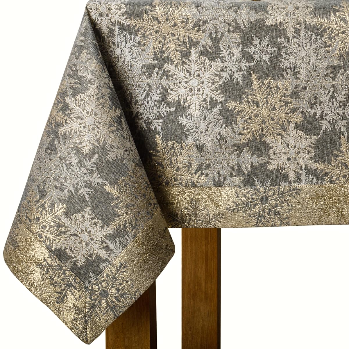 Tischdecke Weihnachten 120x160 cm - Elegante graue weihnachtliche Tischdecke mit goldenen und silbernen Schneeflocken, sauber genäht mit Kuvertsaum, schmutzabweisend - O5 5555 1002