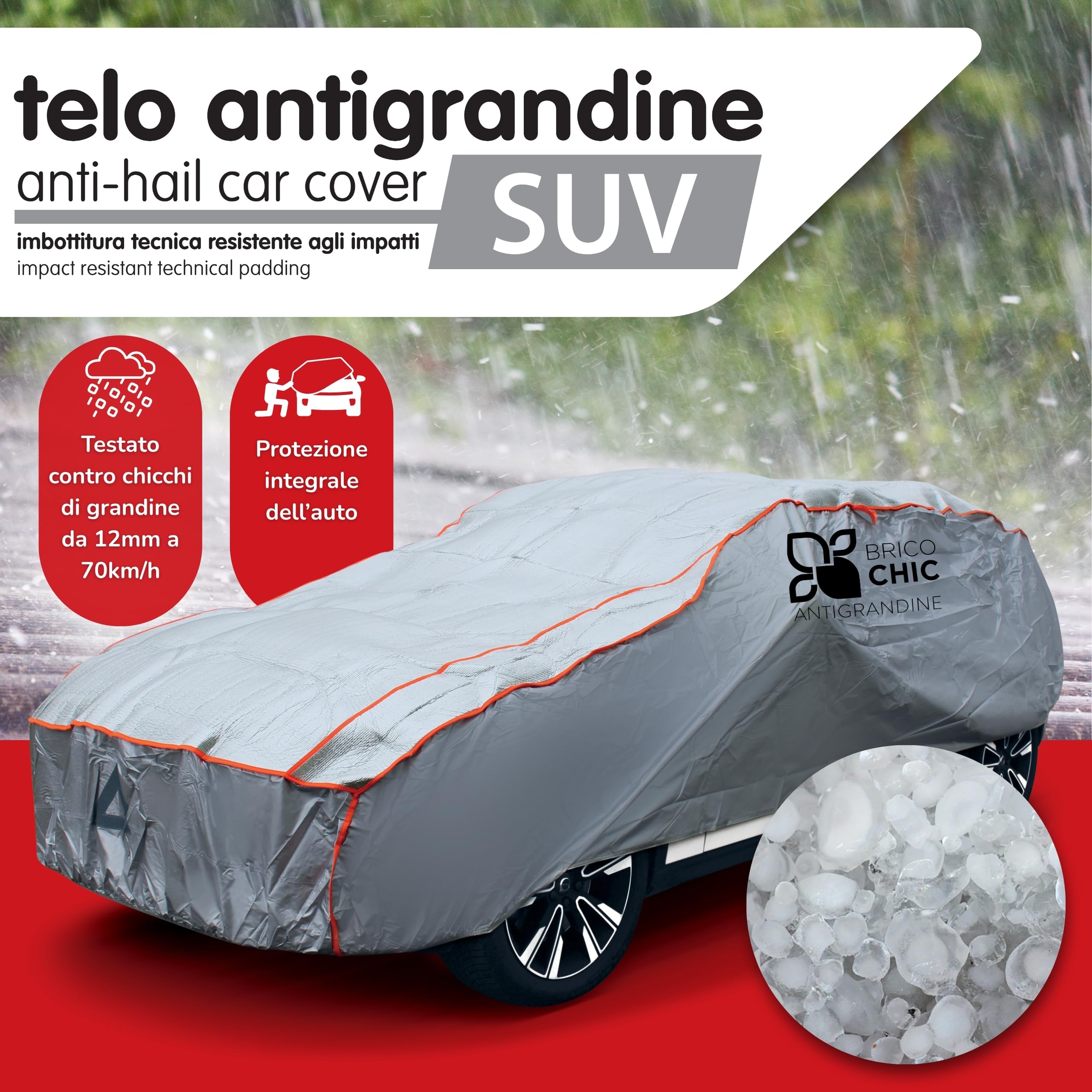 Telo Antigrandine SUV Taglia S/M, Imbottitura 6mm, Copriauto Esterno Impermeabile e Antigraffio, Tessuto Anti-UV, Cinghie Antivento, 460x178x155 cm, 4 Stagioni, Grigio