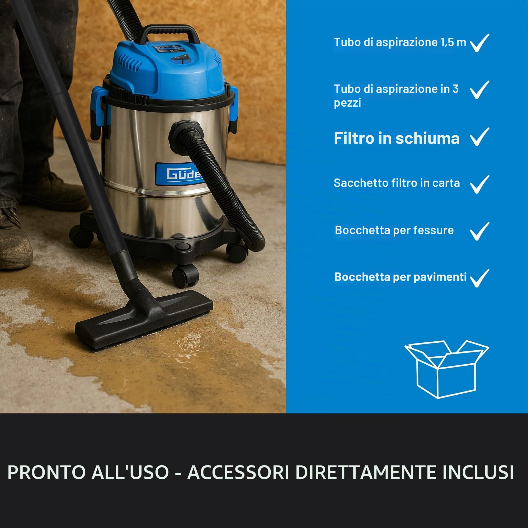 Güde Borsa L 17000, aspiratore asciutto GNTS 12 l, blu, argento, nero, 1200 W, 80 decibel, 28 x 29 cm