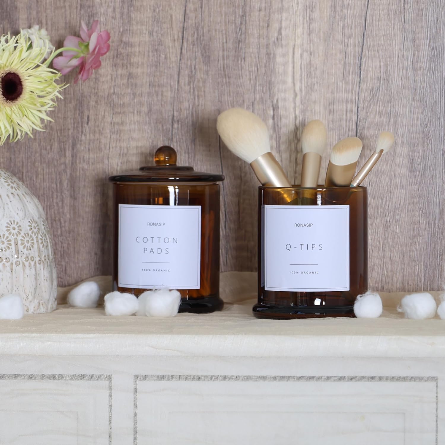 Qtip Holder & Cotton Pad Dispenser, Bathroom Organizer and Storage Canisters, 16oz Glass Apothecary Jars for Kitchen, Restroom - Home Decor Accessories, Room Decor Aesthetic (2 Pack, Amber) - Image 3