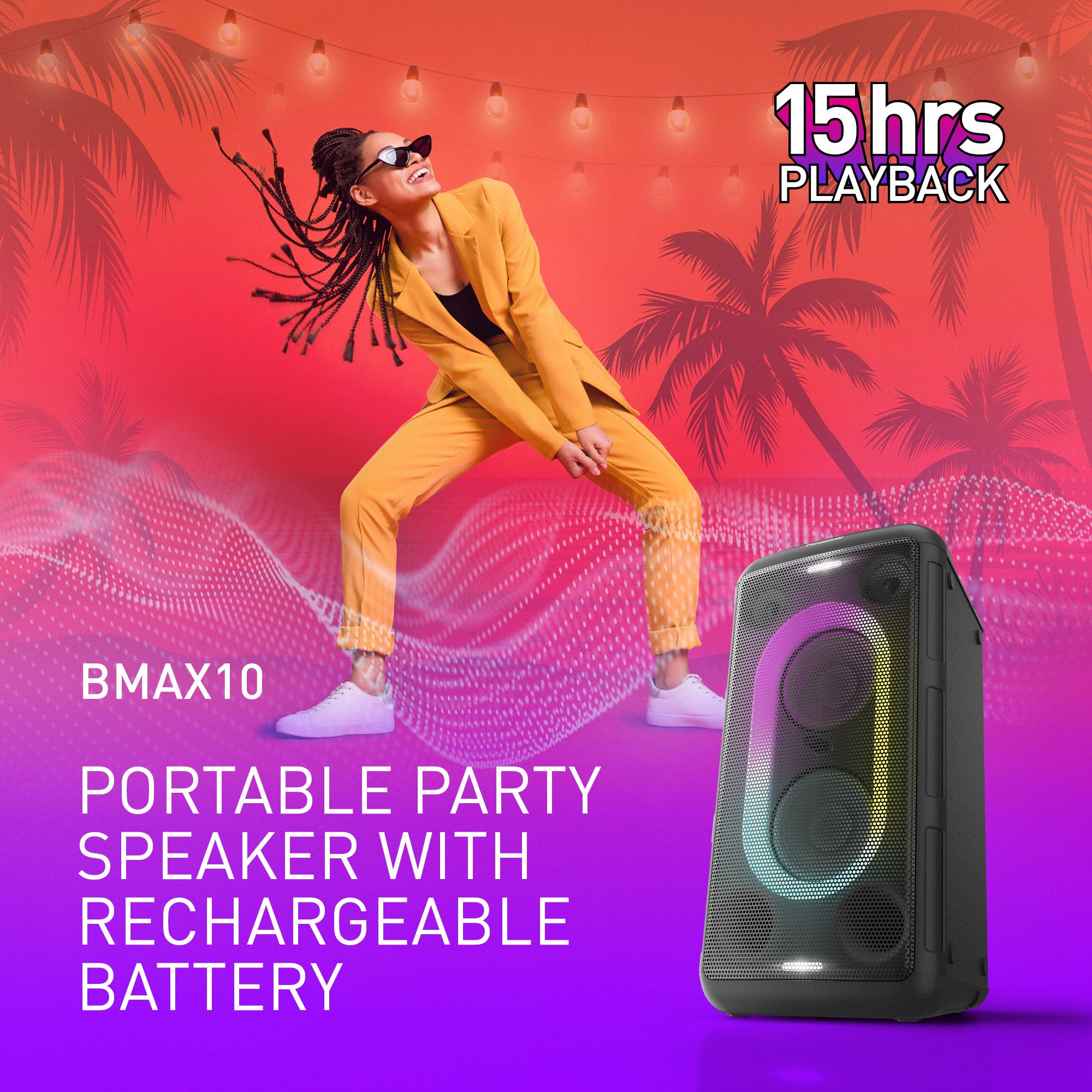 Panasonic SC-BMAX10E-K Altavoz Portátil para Fiestas con Bluetooth, Luces Integradas, 150 W, USB, Entrada Óptica para TV, Entradas de Guitarra y Micrófono para Karaoke, Negro