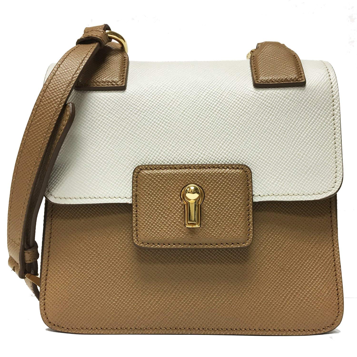 Prada Saffiano Cuir Pattina Caramel Beige And Talco White Leather