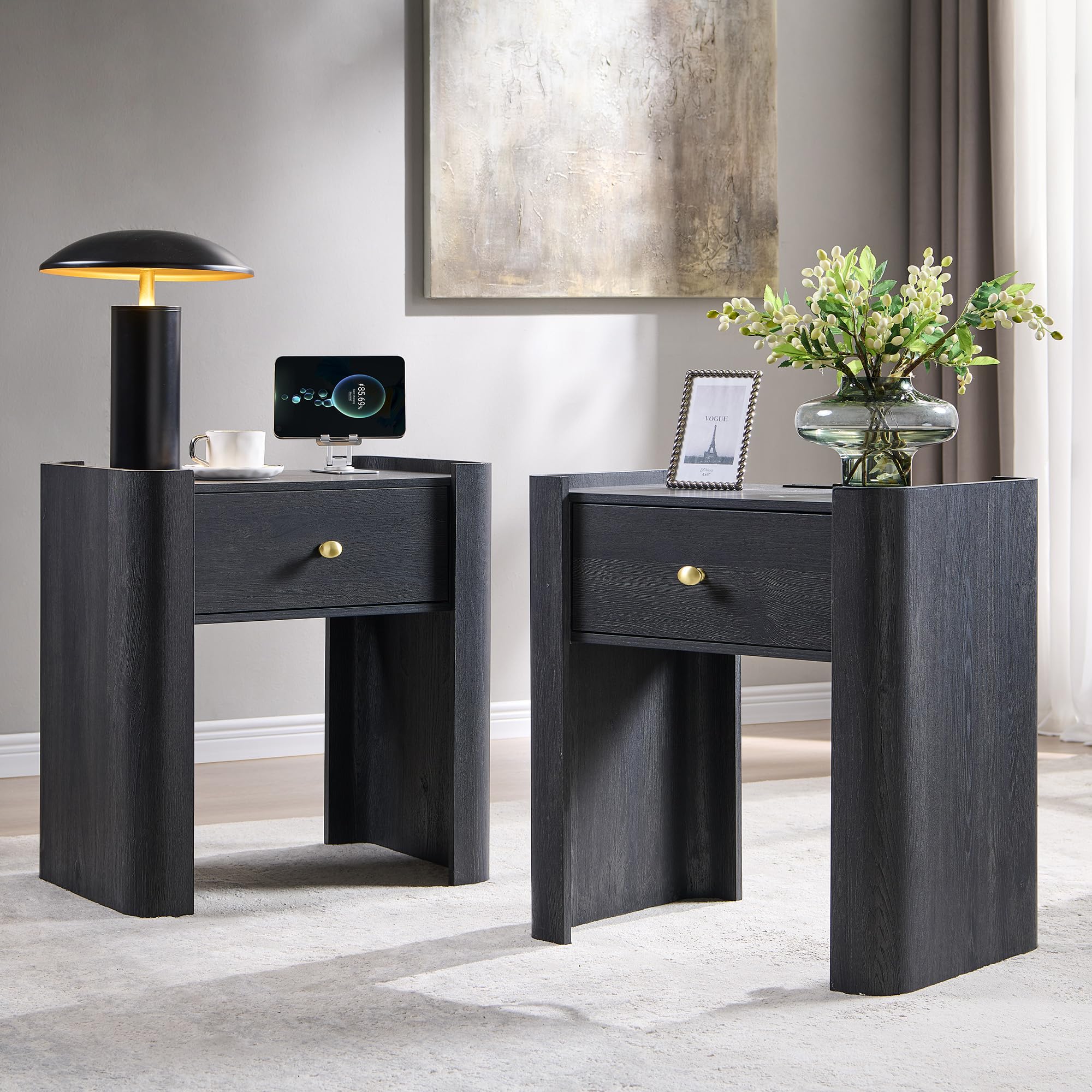 IFGET 23.6" Tall Modern Nightstand Set of 2, 22" Wide Curved Bedside Table with Charging Station, Wooden Night Stand with 1 Storage Drawer, Large End