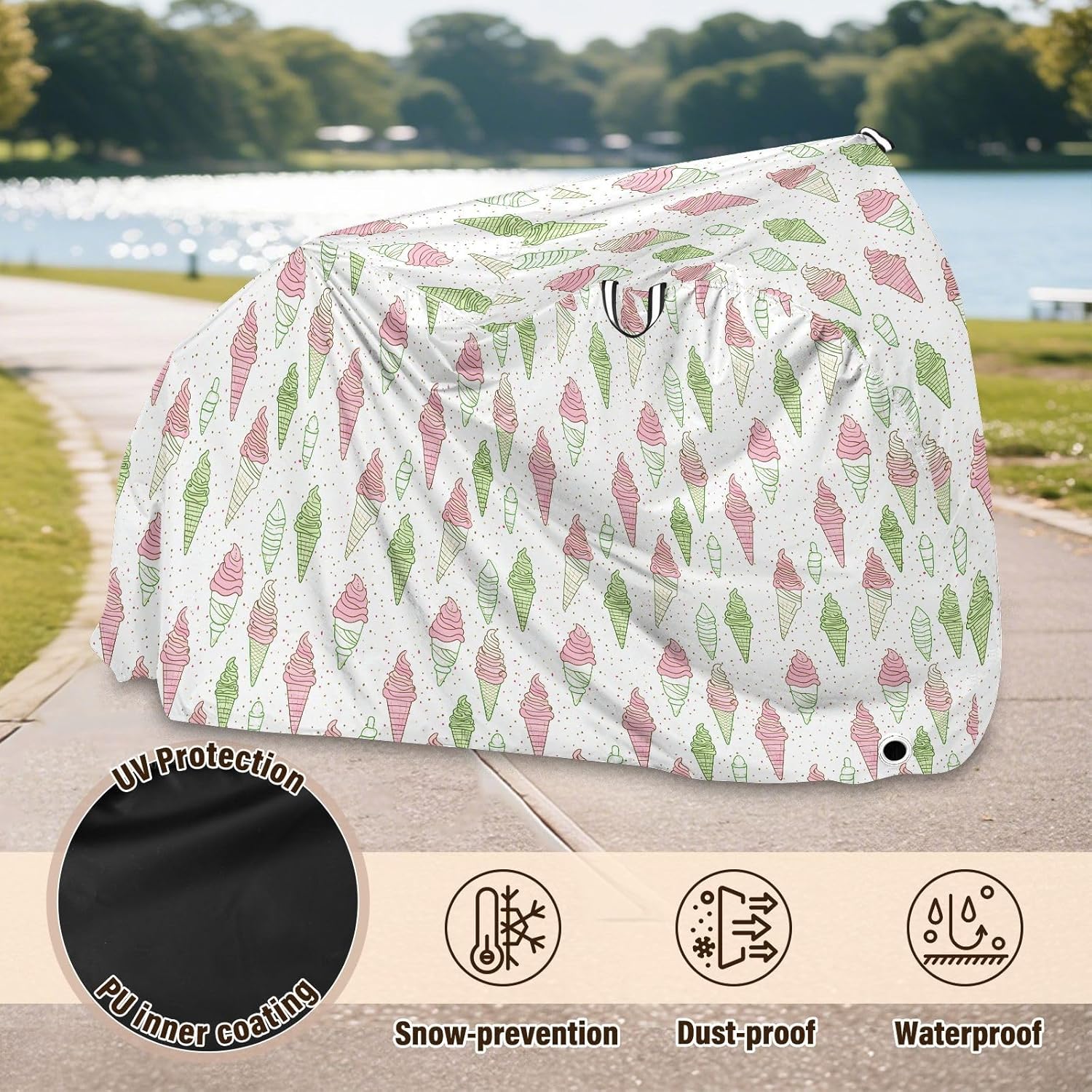 ALAZA Icecream Polka Dots Bike Cover Waterproof Outdoor Ebike Bicycle Covers Tarp Protection for 1/2 Bikes, Sun UV Dust Wind Proof