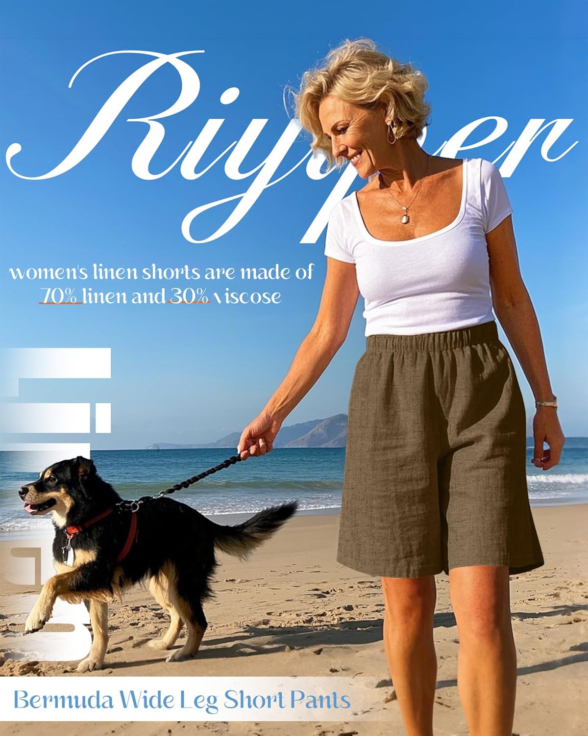 Riyiper 3 Pack Women's Linen Shorts Elastic High Waist Bermuda Wide Leg Summer Casual Lounge Short with Pockets