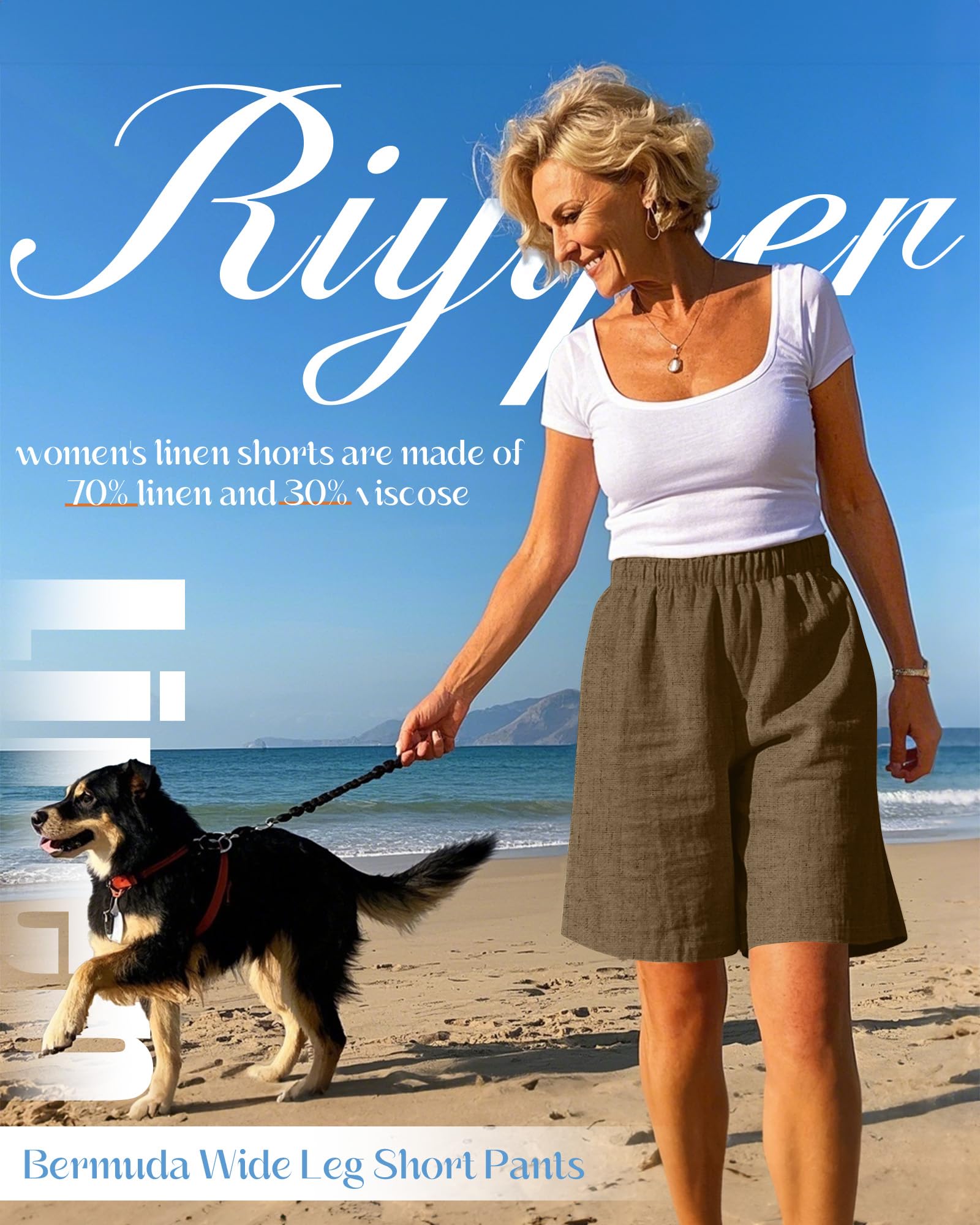 Riyiper Lot de 3 Shorts d'été décontractés en Lin pour Femme - Taille Haute - Style Bermuda - Coupe Large - avec Poches