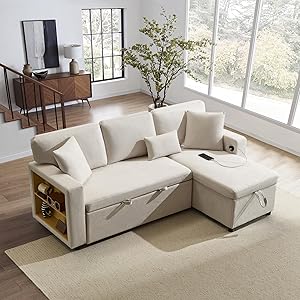 Sofá esquinero de 3 plazas, sofá cama en forma de L, con contenedor, puerto USB integrado y estante, tejido de franela, 215 x 133 x 85 cm, para salón/apartamento, beige
