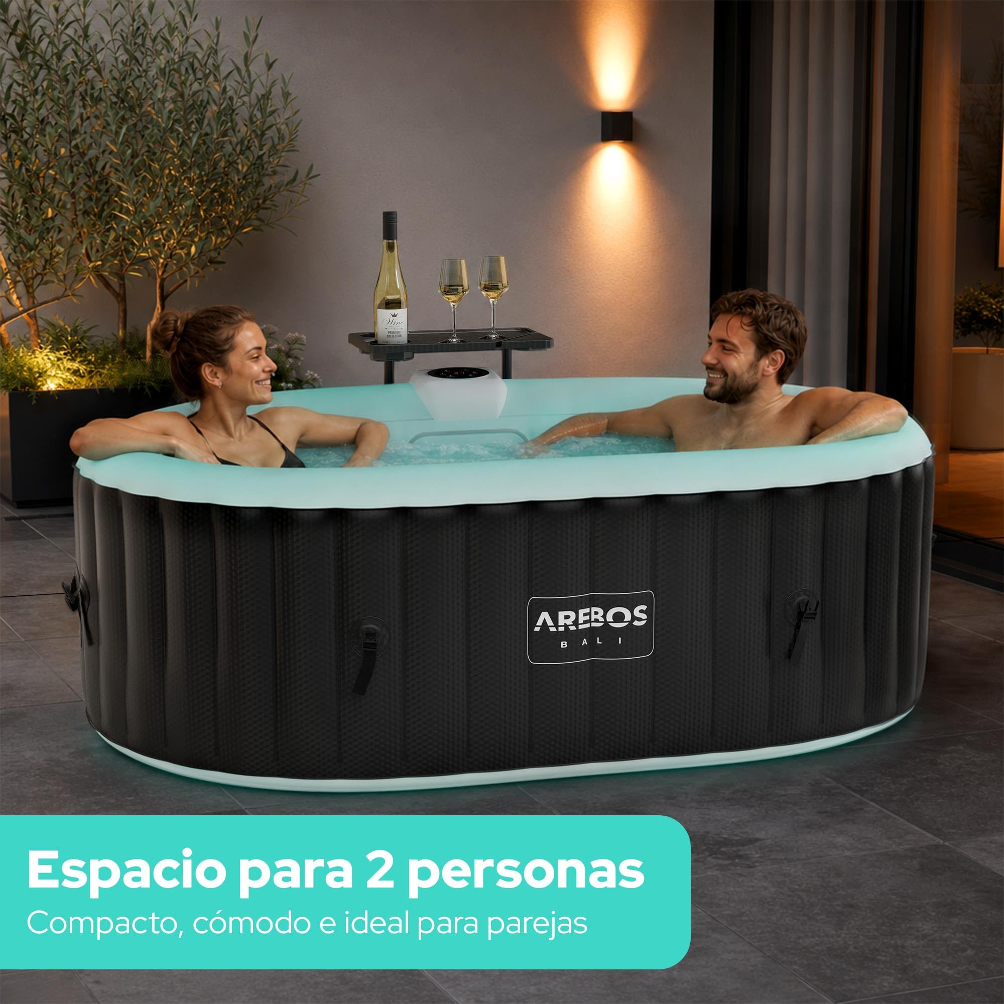 Arebos Bañera de hidromasaje con iluminación LED | SPA Hinchable | Interior y Exterior | 190x120 cm Ovalada | 2 Personas | 90 chorros de Masaje | con calefacción | 550 litros | Incl. Cubierta