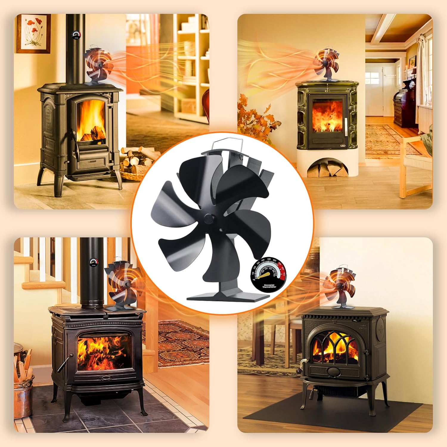 Tomersun Wood Stove Fan Heat Powered Stove Fan Heater Fireplace Fan for/Pellet/Wood Burner/Fireplace, with Thermometer